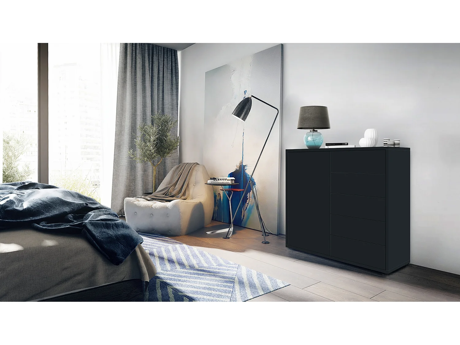 Ben V2 Credenza, mobile con 1 anta e 5 cassetti, nero opaco/nero opaco (79 x 74 x 36 cm)
