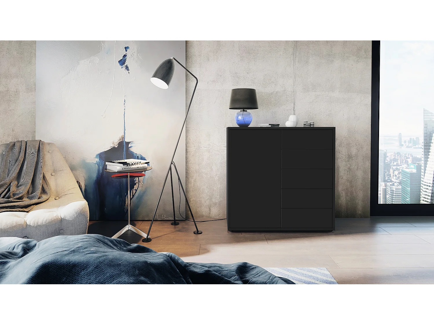 Ben V2 Credenza, mobile con 1 anta e 5 cassetti, nero opaco/nero opaco (79 x 74 x 36 cm)