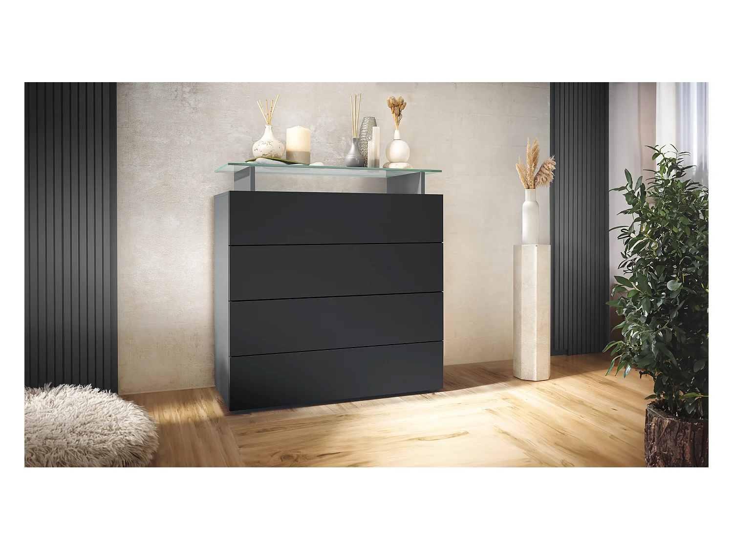 Buffet Pavos V2, Commode avec 4 tiroirs et mini-étagère en verre, anthracite mat/noir mat (76 x 81 x 35 cm)
