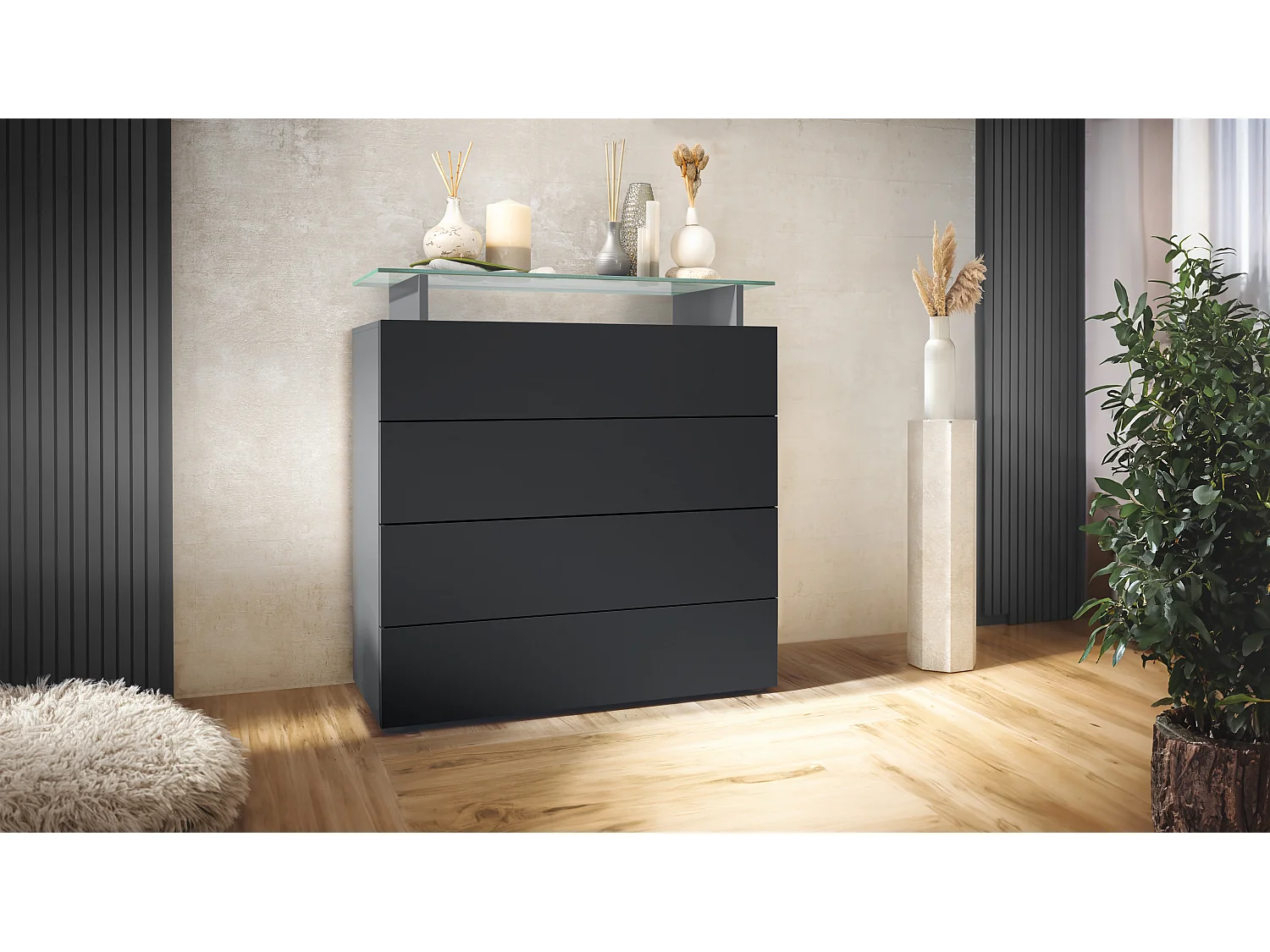Buffet Pavos V2, Commode avec 4 tiroirs et mini-étagère en verre, anthracite mat/noir mat (76 x 81 x 35 cm)