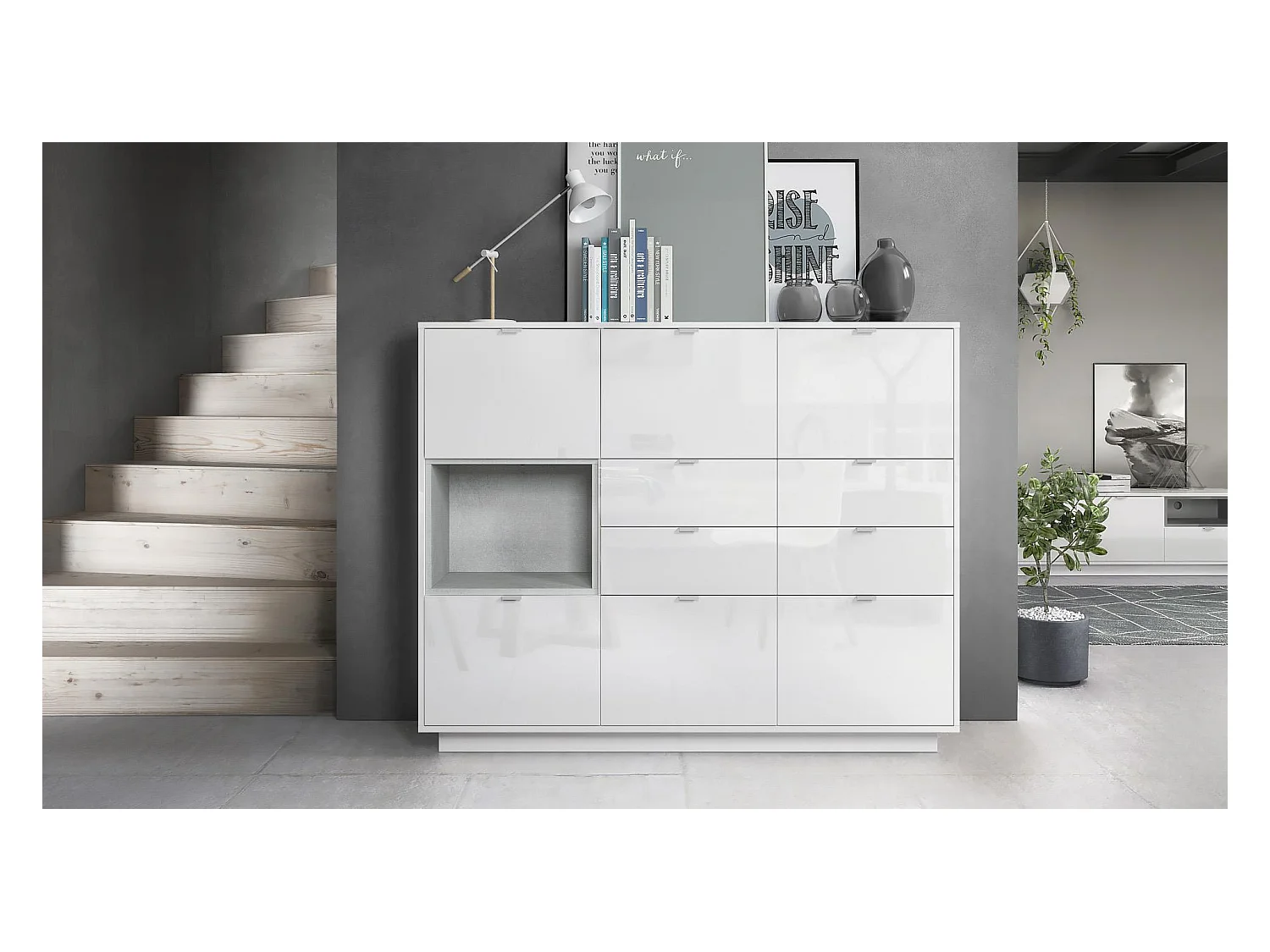 Buffet haut Armoire Metro V2, Corps en Blanc haute brillance / Façades en Blanc haute brillance avec une insertion en Aspect Béton Oxyde