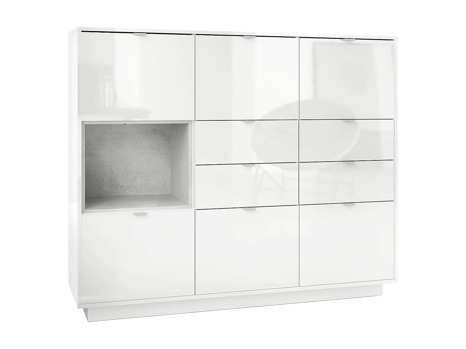 Madia Metro V2, struttura in bianco lucido / frontale in bianco lucido con inserto in grigio ossido.