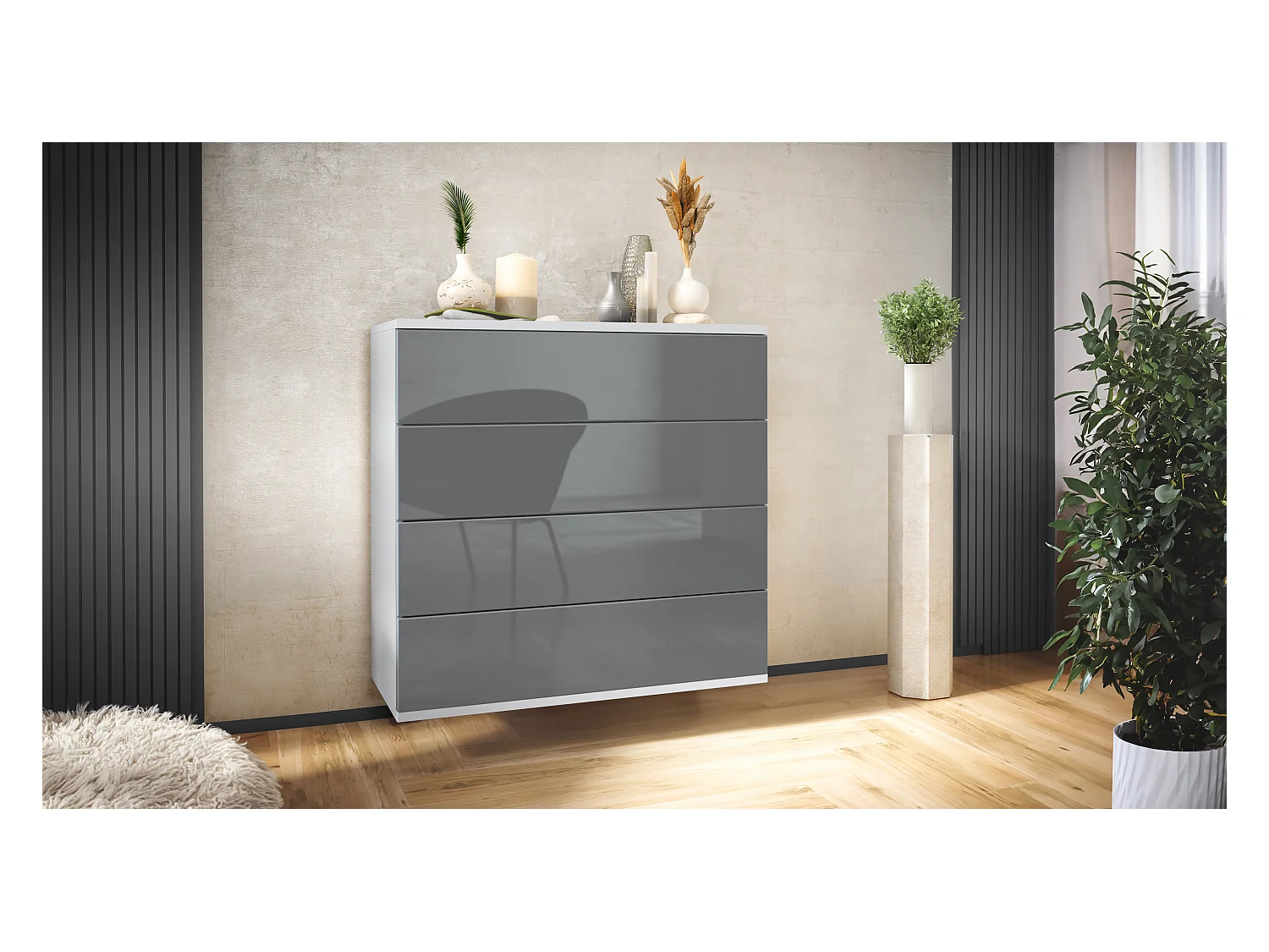 Commode suspendue Pavos V3, Buffet avec 4 tiroirs blanc mat/gris haute brillance (76 x 76 x 35 cm)