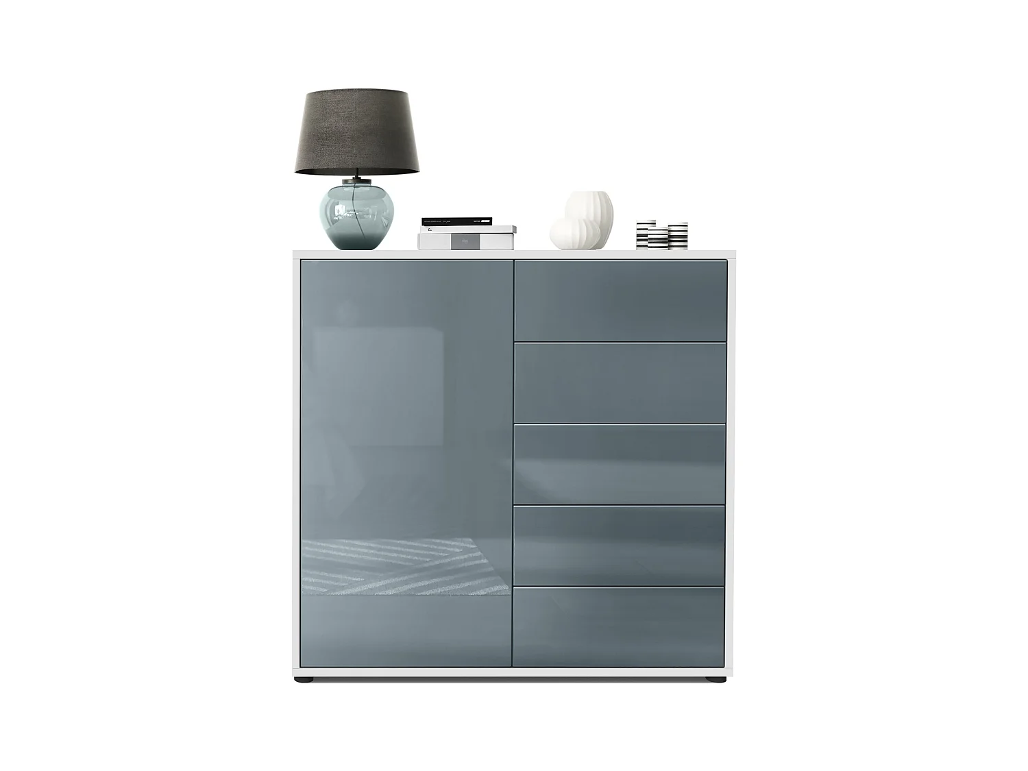 Buffet Ben V2, Commode avec 1 portes et 5 tiroirs, Blanc mat/Gris haute brillance (79 x 74 x 36 cm)