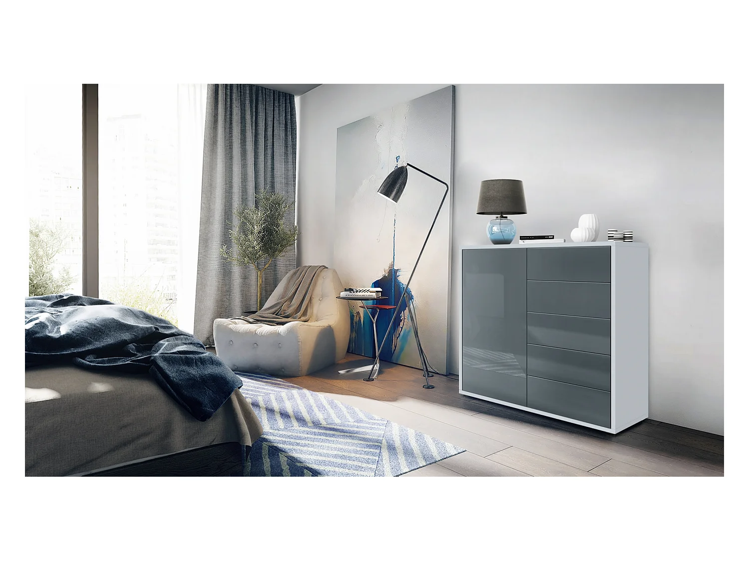 Buffet Ben V2, Commode avec 1 portes et 5 tiroirs, Blanc mat/Gris haute brillance (79 x 74 x 36 cm)