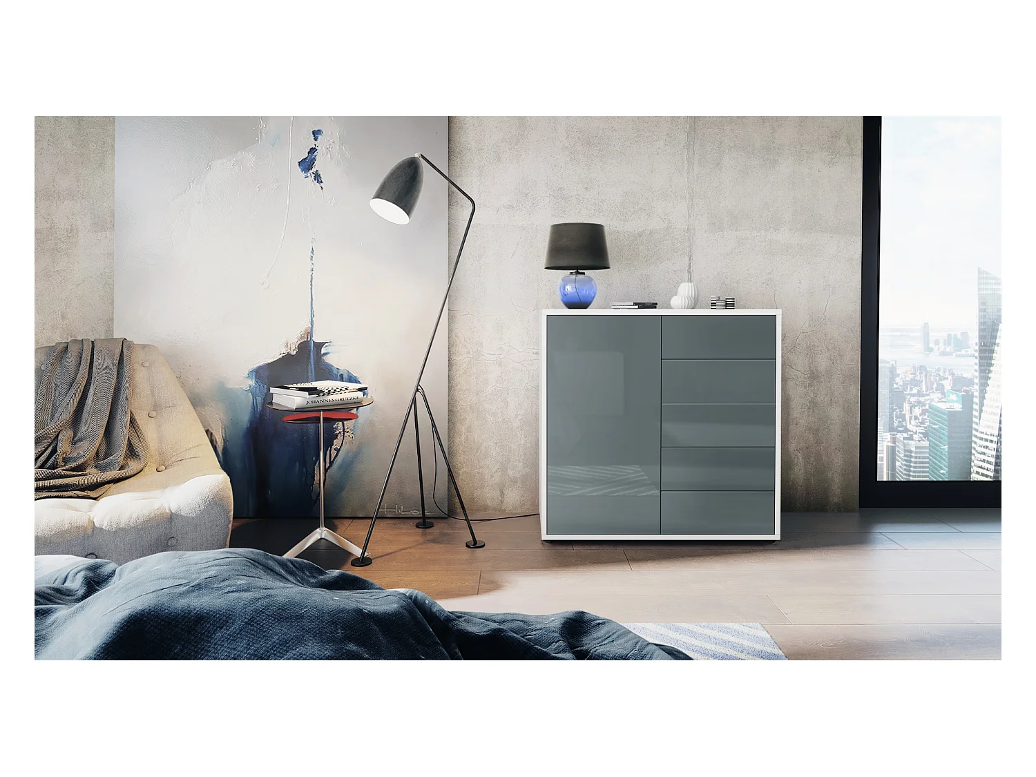 Buffet Ben V2, Commode avec 1 portes et 5 tiroirs, Blanc mat/Gris haute brillance (79 x 74 x 36 cm)