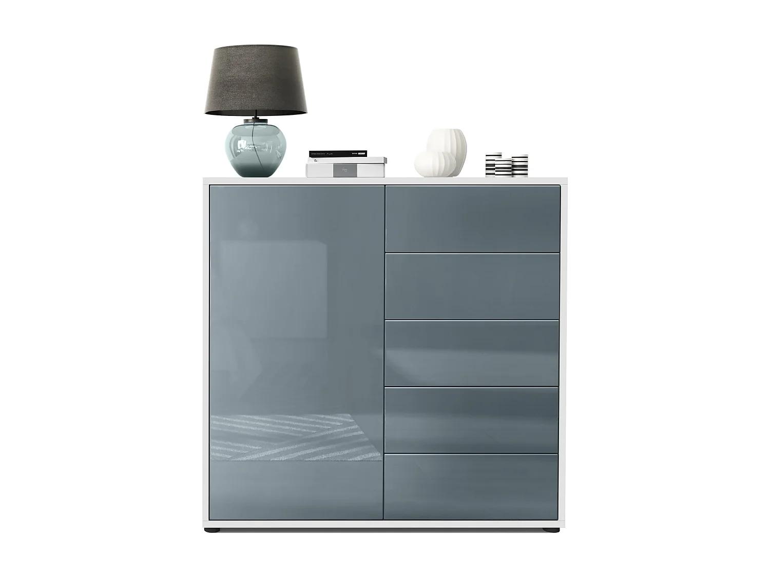 Buffet Ben V2, Commode avec 1 portes et 5 tiroirs, Blanc mat/Gris haute brillance (79 x 74 x 36 cm)