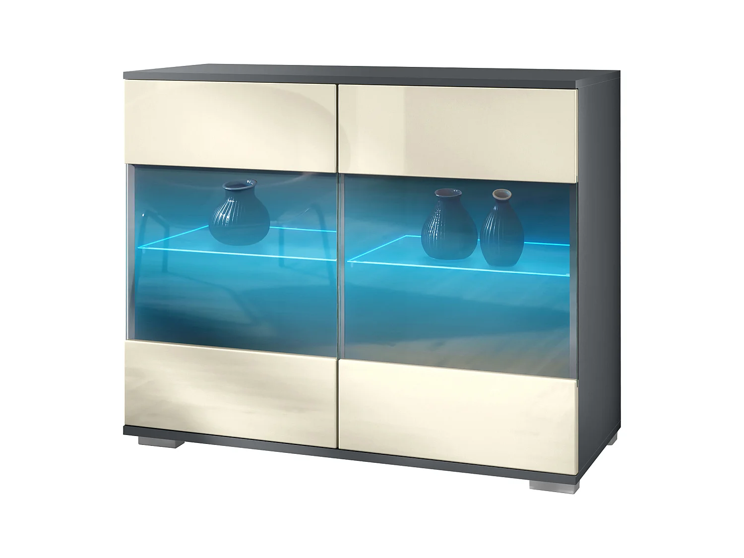 Commode Bari V3, Armoire de cuisine moderne avec 2 grandes portes vitrées incl. éclairage RGB anthracite mat / crème haute brillance (92,5 x 75.5 x 35)