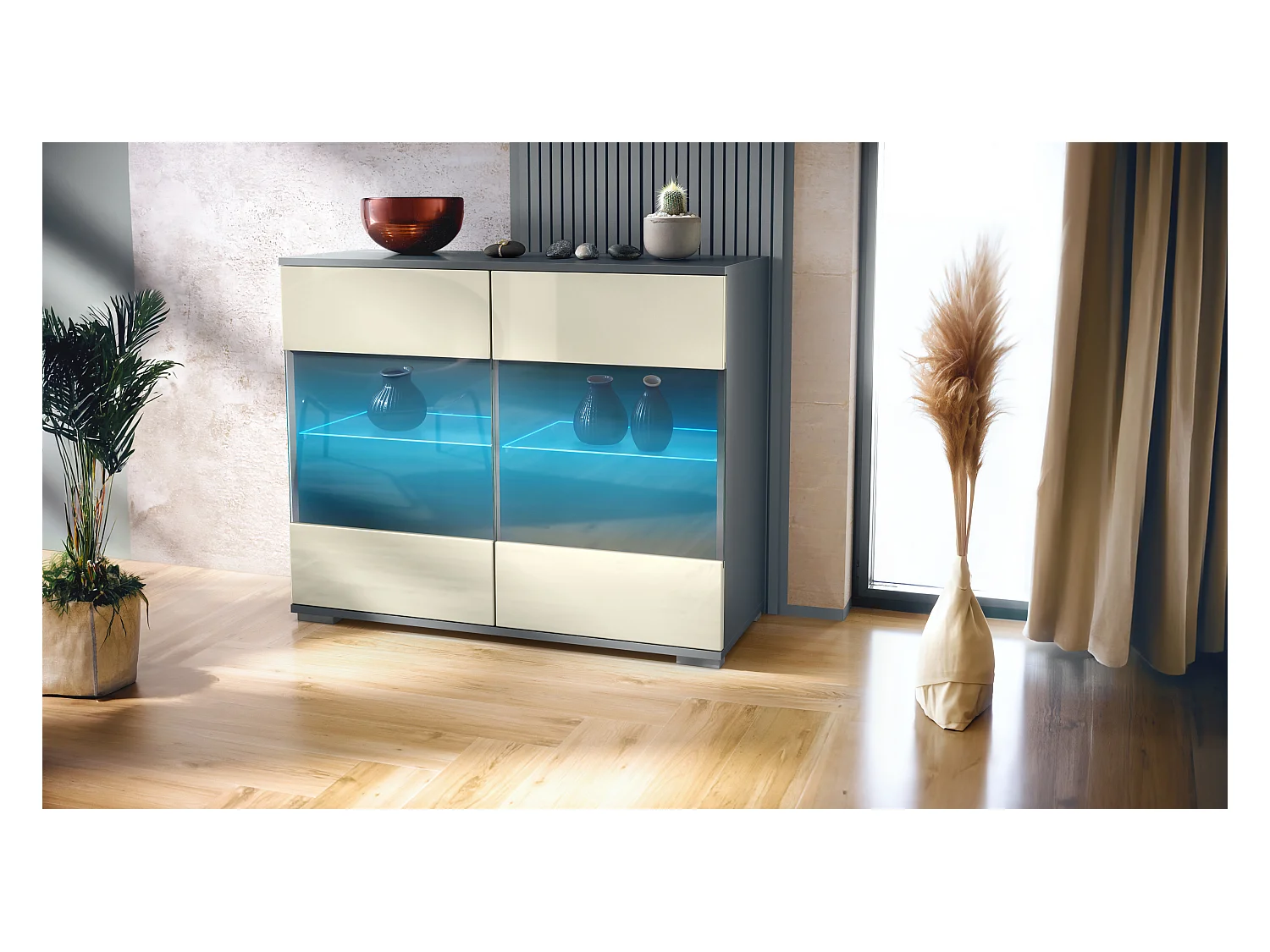 Commode Bari V3, Armoire de cuisine moderne avec 2 grandes portes vitrées incl. éclairage RGB anthracite mat / crème haute brillance (92,5 x 75.5 x 35)