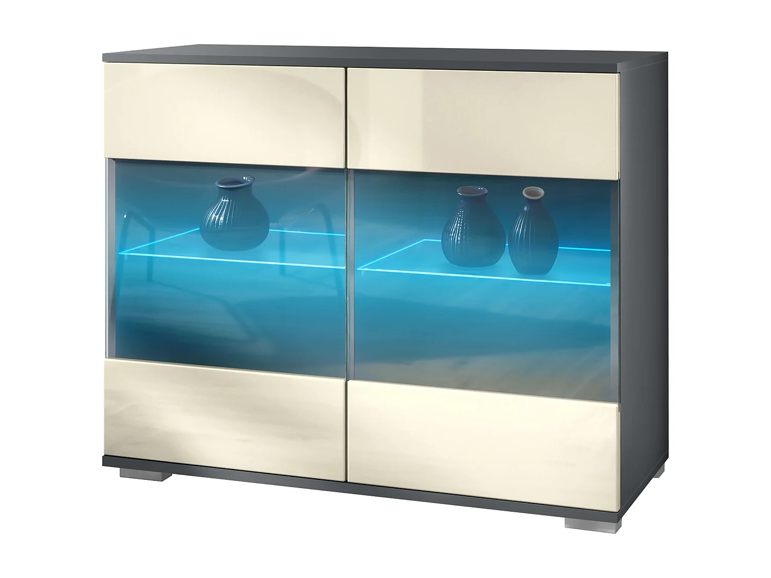 Cassettiera Bari V3, Mobile da cucina moderno con 2 grandi ante in vetro incl. illuminazione RGB antracite opaco  / beige lucido (92,5 x 75.5 x 35)