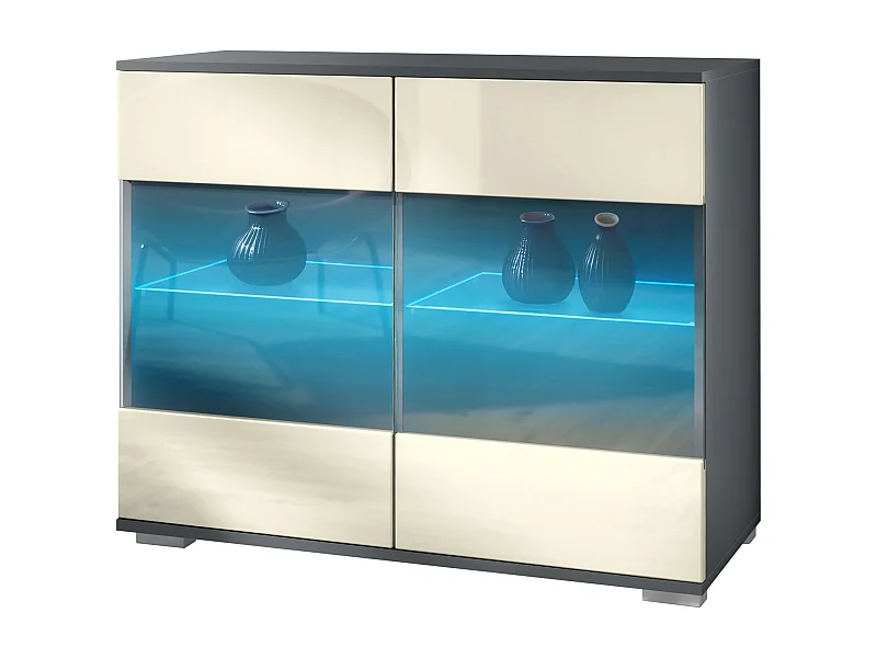 Cassettiera Bari V3, Mobile da cucina moderno con 2 grandi ante in vetro incl. illuminazione RGB antracite opaco  / beige lucido (92,5 x 75.5 x 35)