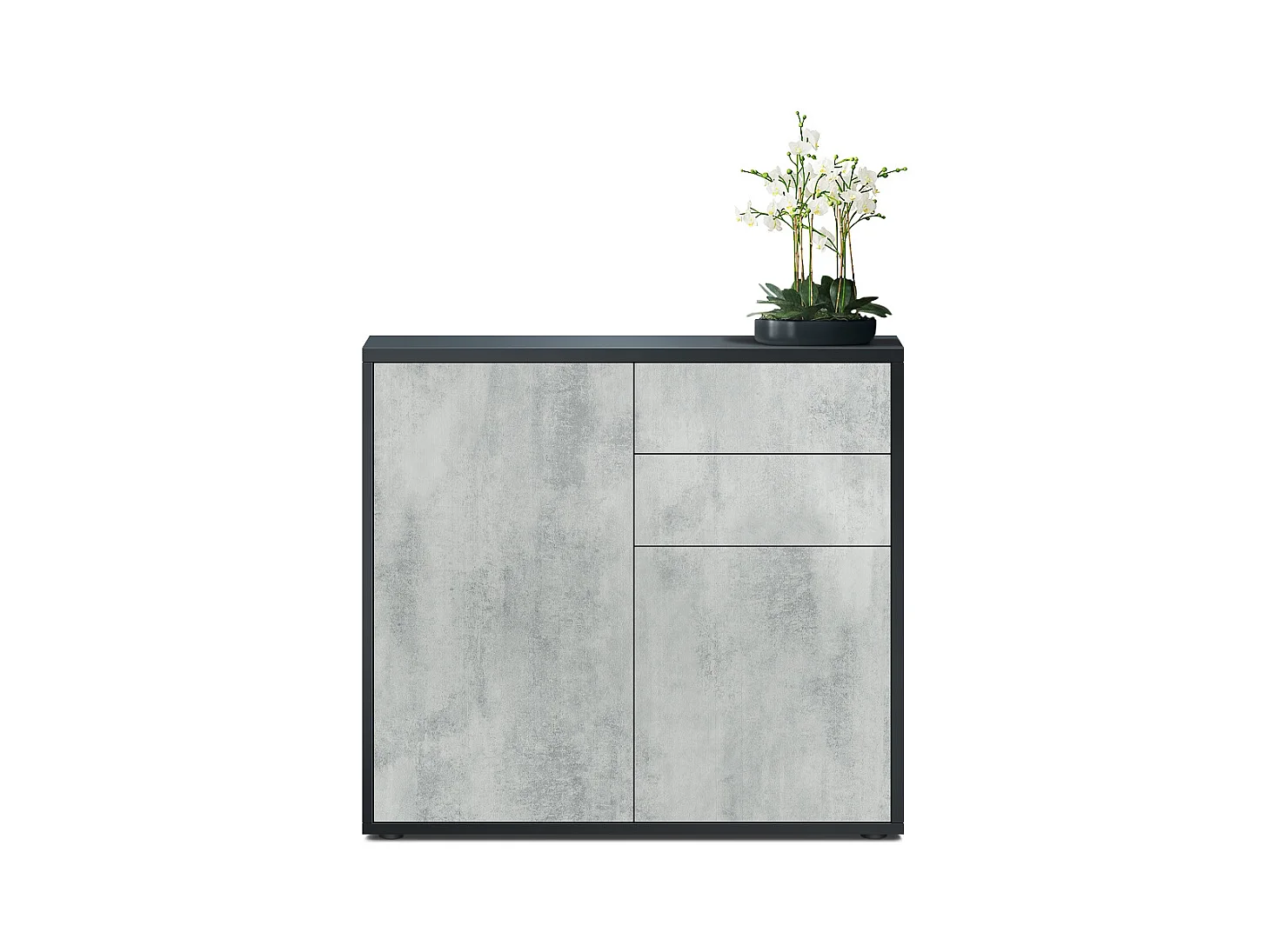 Buffet Ben, Commode avec 2 portes et 2 tiroirs, Noir mat/Aspect Béton Oxyde (79 x 74 x 36 cm)