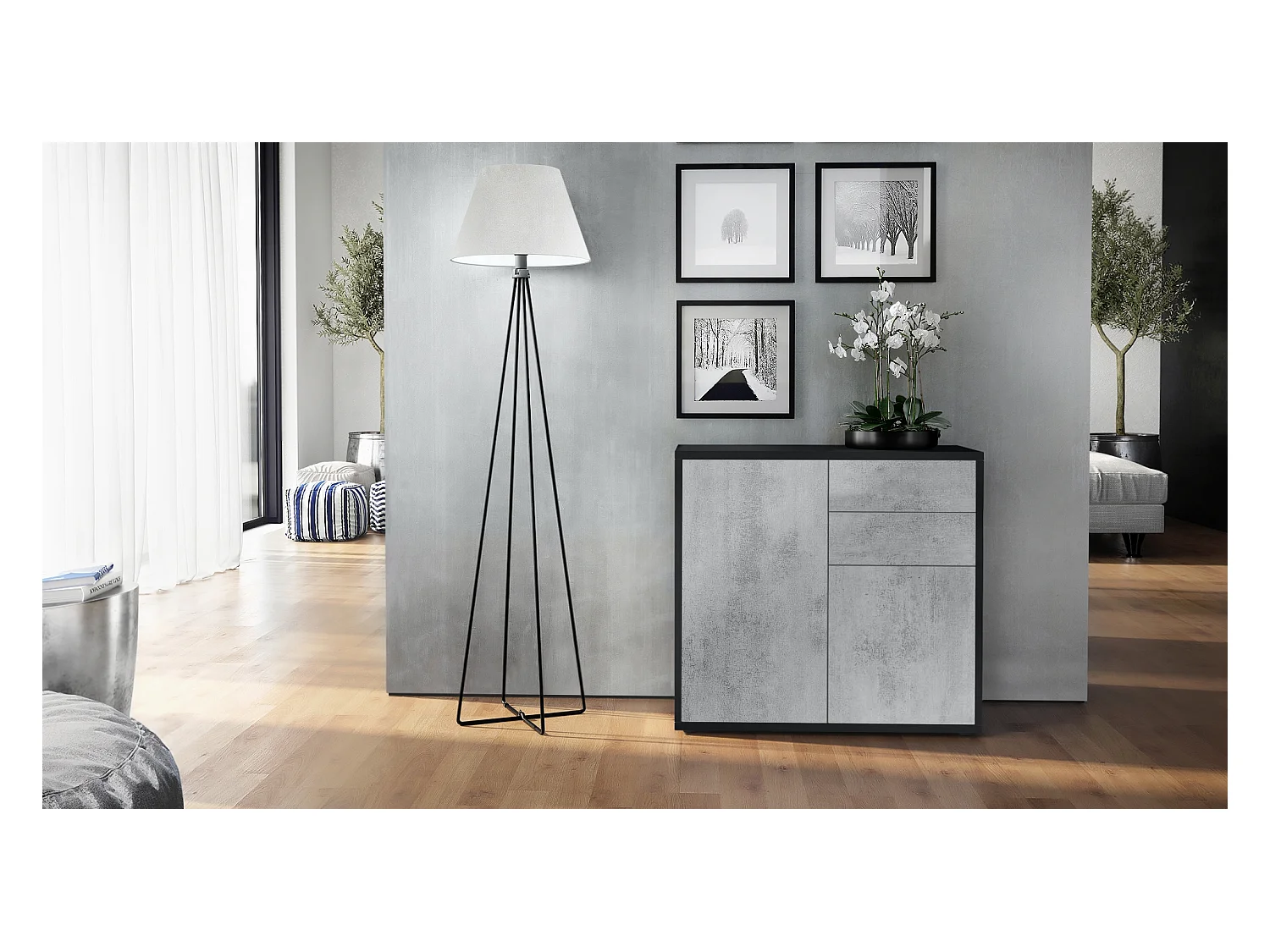 Buffet Ben, Commode avec 2 portes et 2 tiroirs, Noir mat/Aspect Béton Oxyde (79 x 74 x 36 cm)