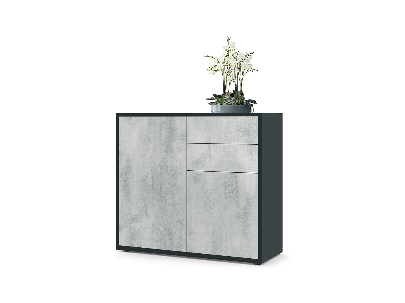 Buffet Ben, Commode avec 2 portes et 2 tiroirs, Noir mat/Aspect Béton Oxyde (79 x 74 x 36 cm)