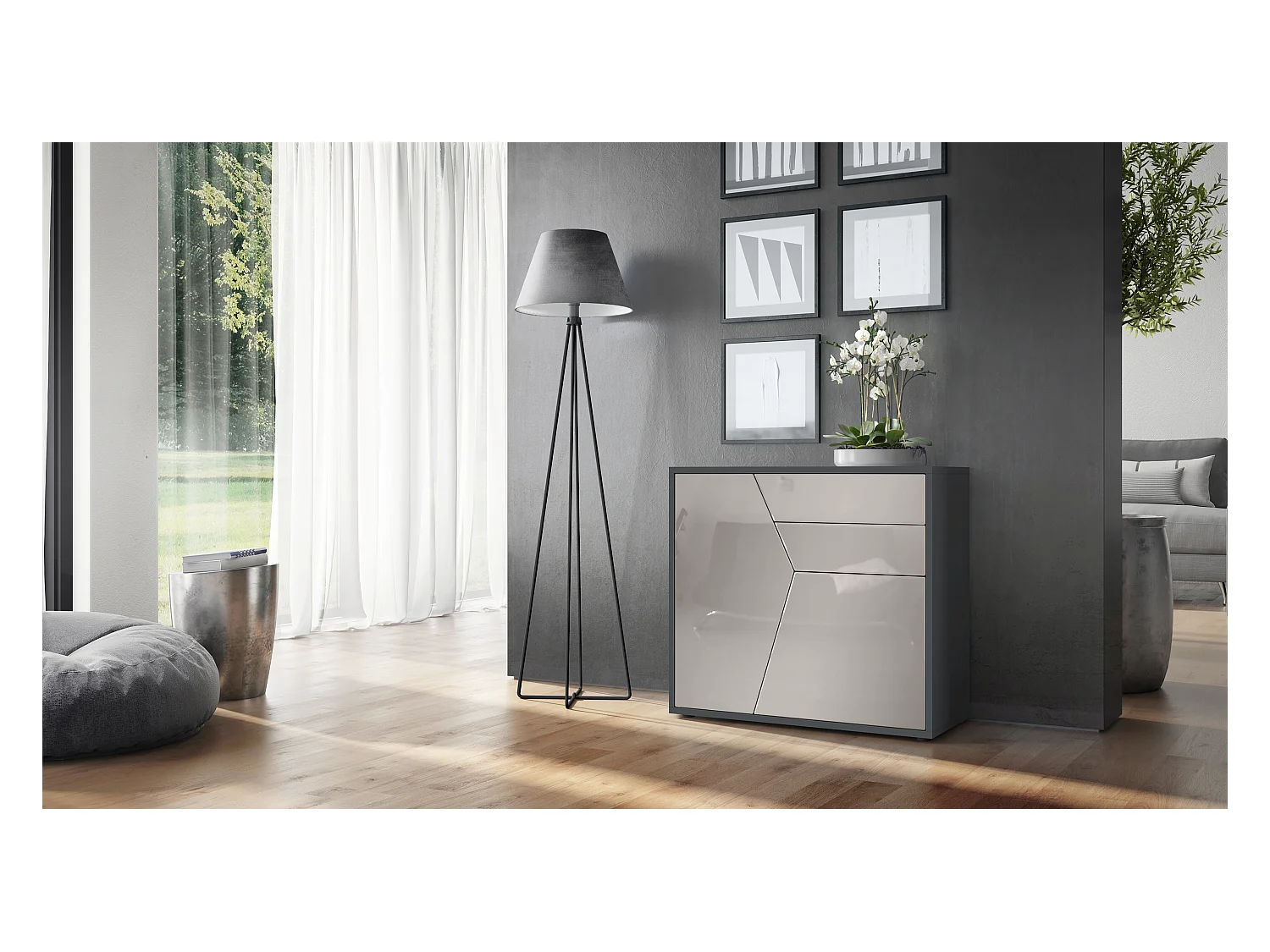 Buffet Benny, Commode avec 2 portes et 2 tiroirs, Noir mat/Gris sable haute brillance (79 x 74 x 36 cm)