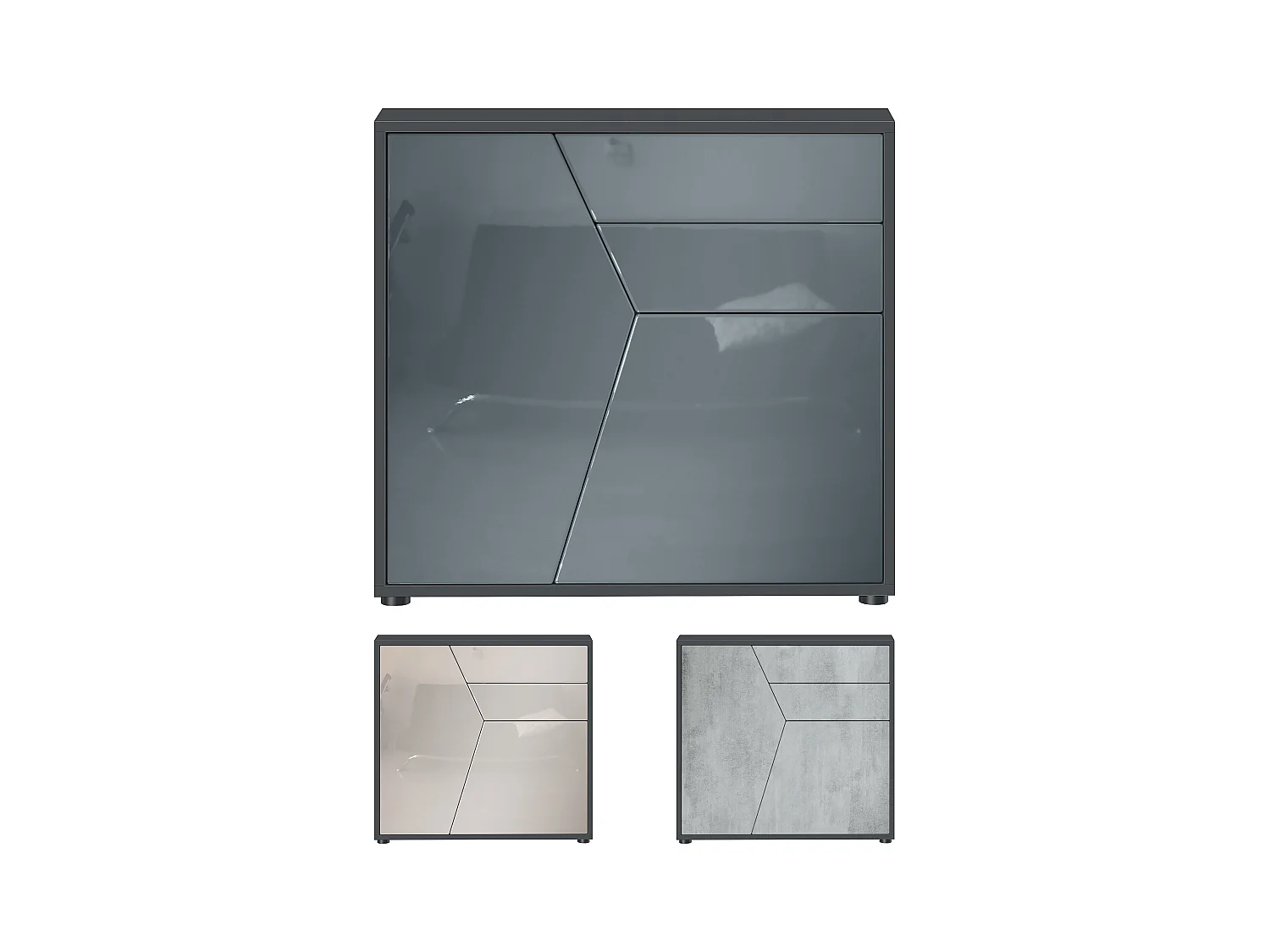 Buffet Benny, Commode avec 2 portes et 2 tiroirs, Noir mat/Gris sable haute brillance (79 x 74 x 36 cm)