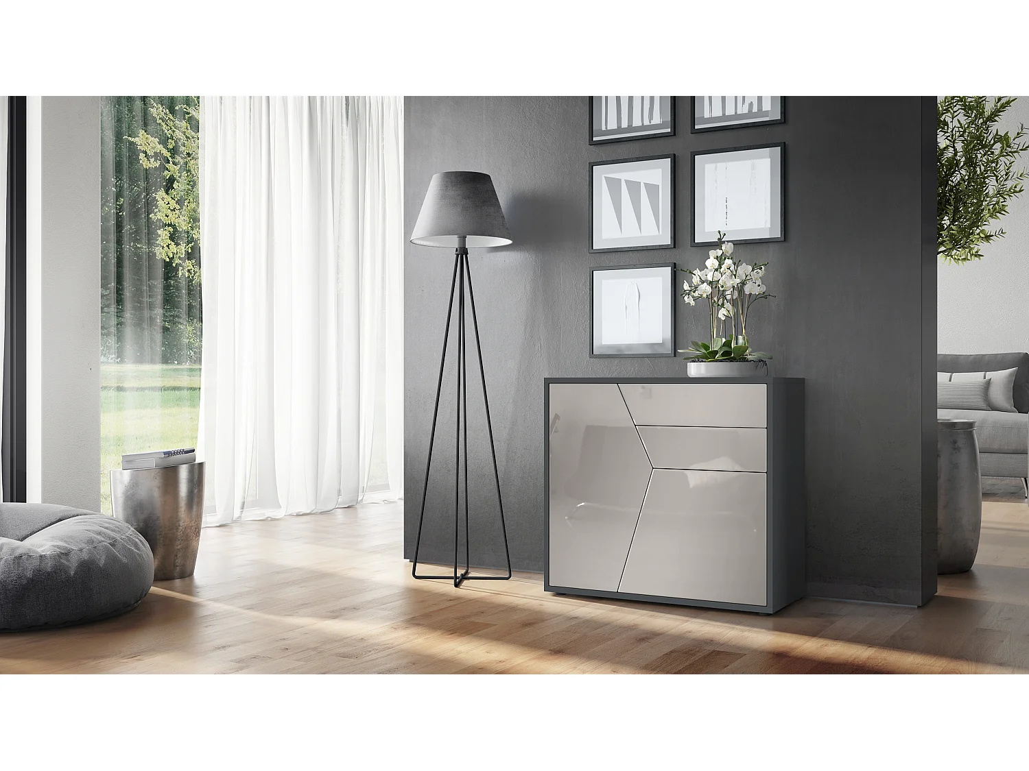 Buffet Benny, Commode avec 2 portes et 2 tiroirs, Noir mat/Gris sable haute brillance (79 x 74 x 36 cm)