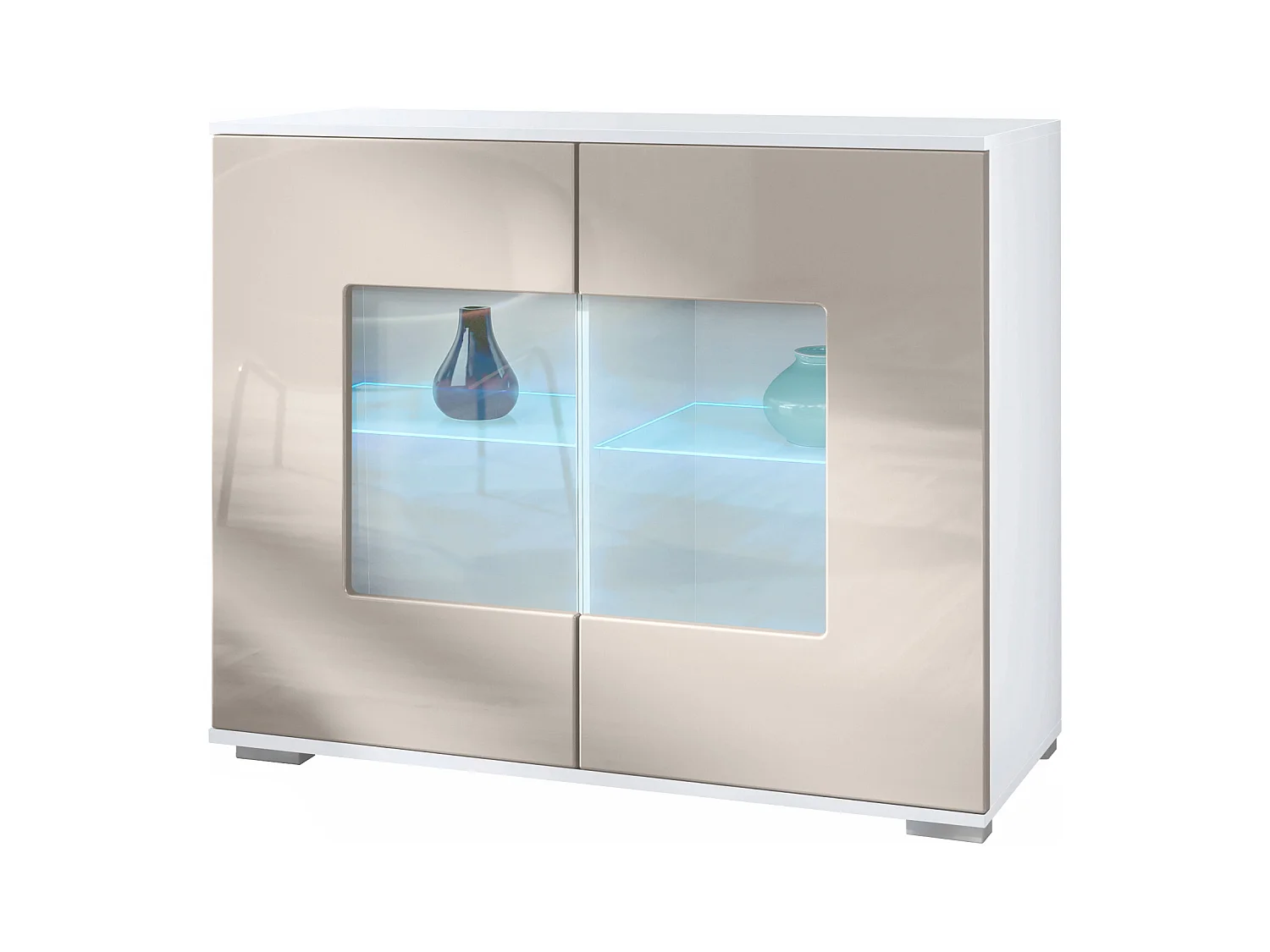 Commode Grömitz V3, Armoire de cuisine moderne avec 2 grandes portes vitrées incl. éclairage RGB blanc mat / gris sable haute brillance (92,5 x 75.5 x 35)