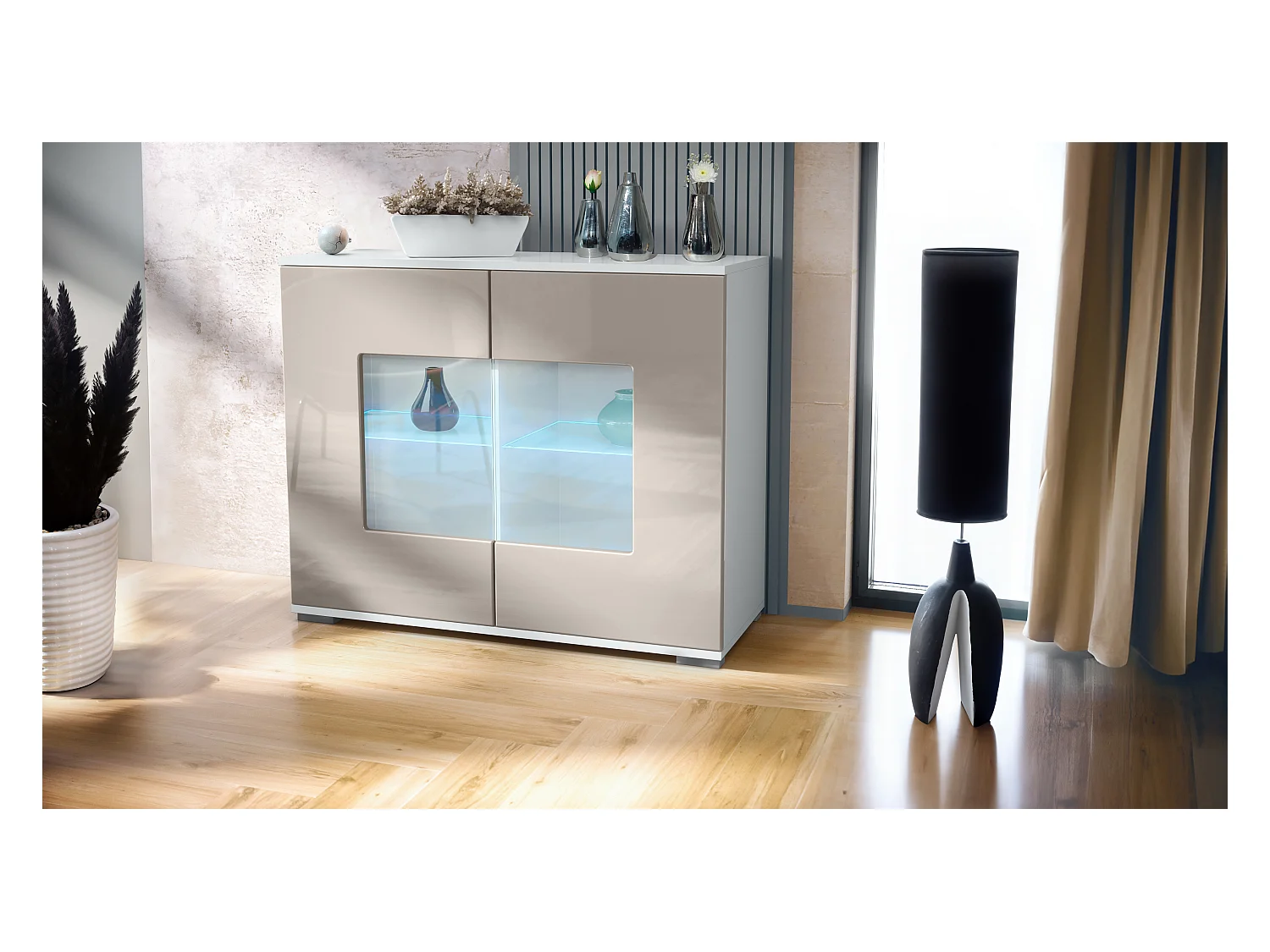 Commode Grömitz V3, Armoire de cuisine moderne avec 2 grandes portes vitrées incl. éclairage RGB blanc mat / gris sable haute brillance (92,5 x 75.5 x 35)