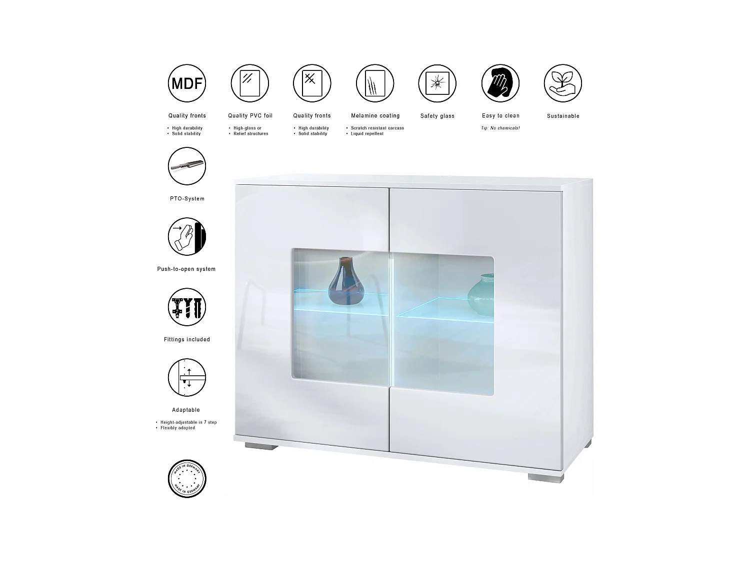 Commode Grömitz V3, Armoire de cuisine moderne avec 2 grandes portes vitrées incl. éclairage RGB blanc mat / gris sable haute brillance (92,5 x 75.5 x 35)