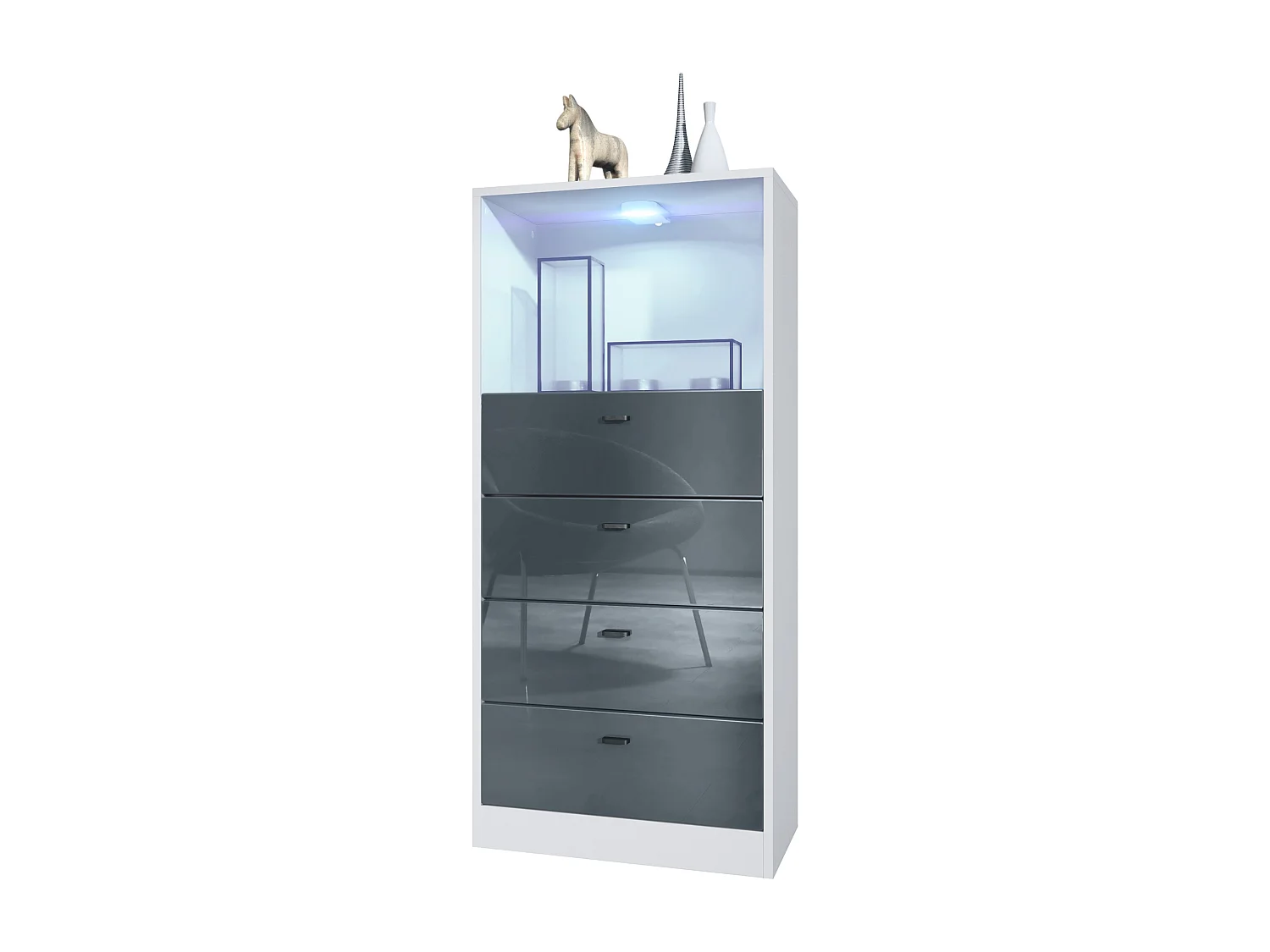 Commode Buffet Pino V3, avec 4 tiroirs & 1 compartiment ouvert, Anthracite mat/Gris haute brillance avec éclairage LED RVB (56 x 125 x 36 cm)