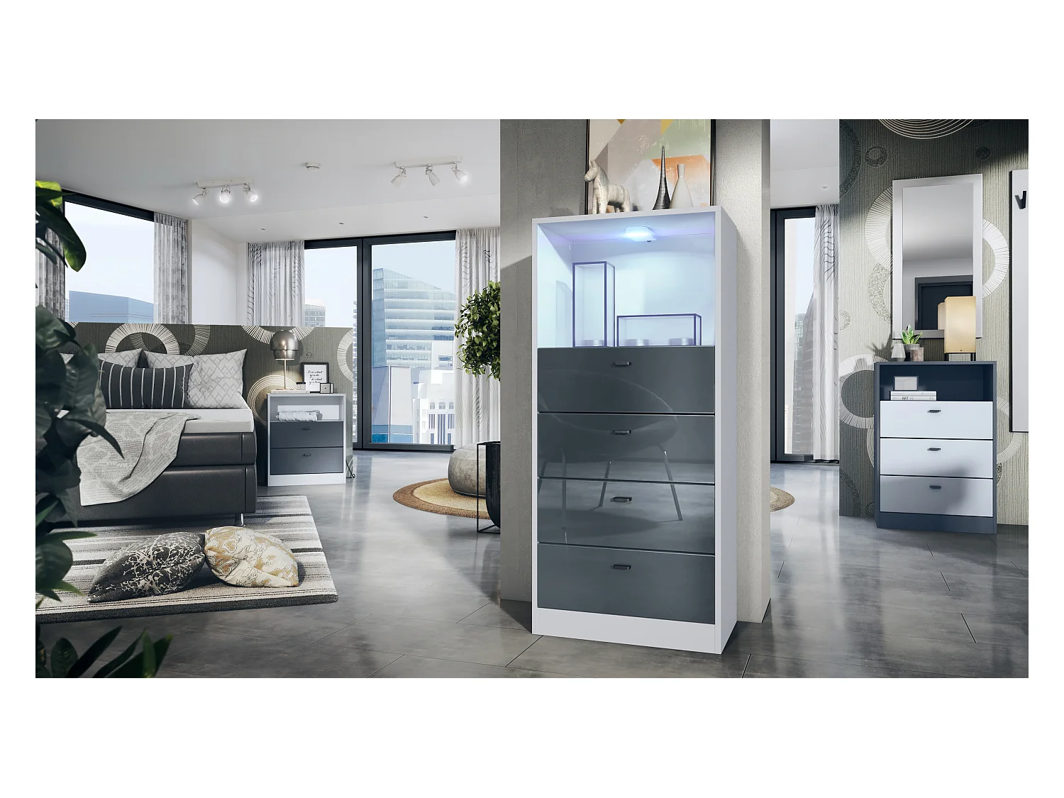 Commode Buffet Pino V3, avec 4 tiroirs & 1 compartiment ouvert, Anthracite mat/Gris haute brillance avec éclairage LED RVB (56 x 125 x 36 cm)