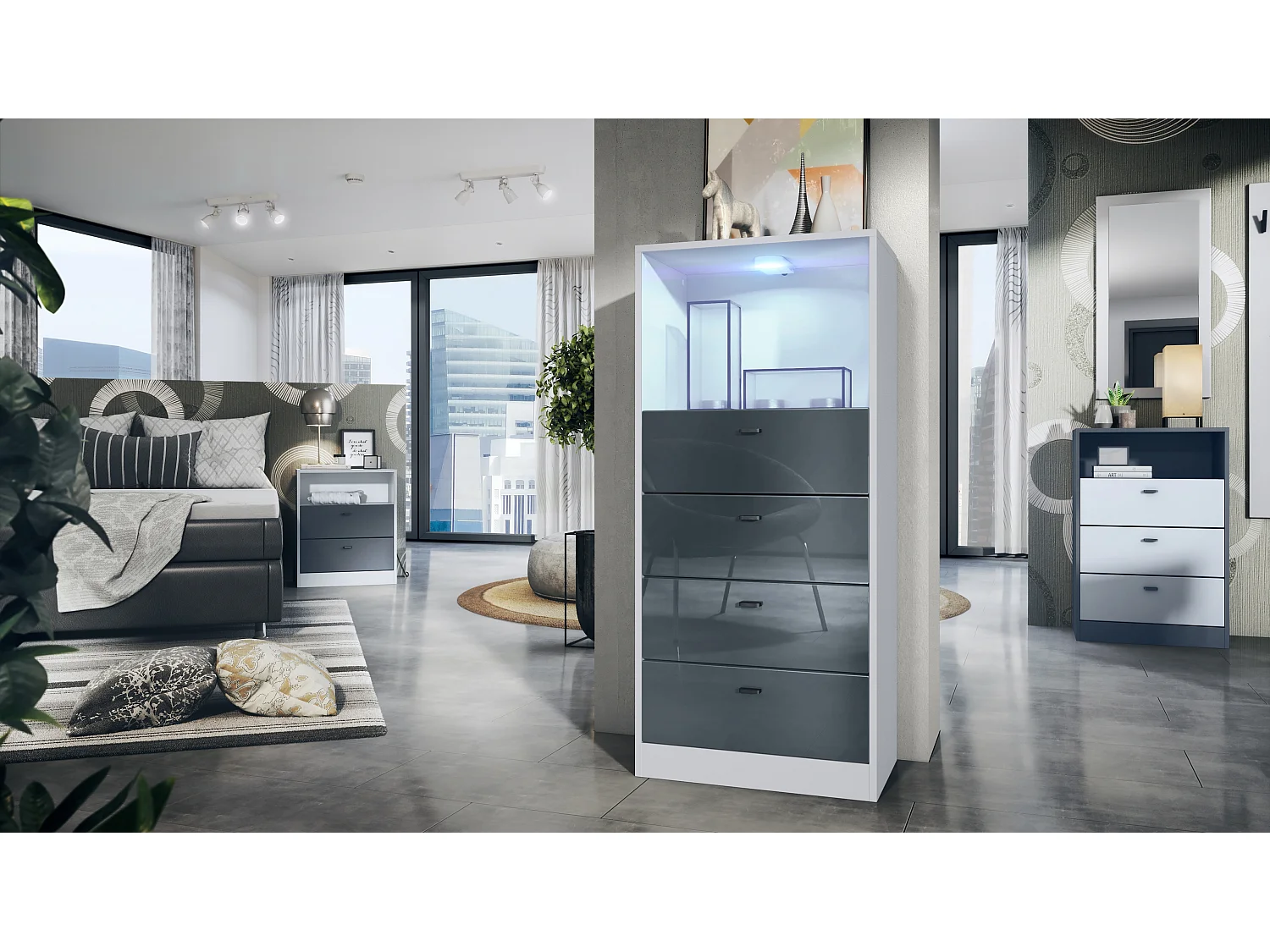 Commode Buffet Pino V3, avec 4 tiroirs & 1 compartiment ouvert, Anthracite mat/Gris haute brillance avec éclairage LED RVB (56 x 125 x 36 cm)