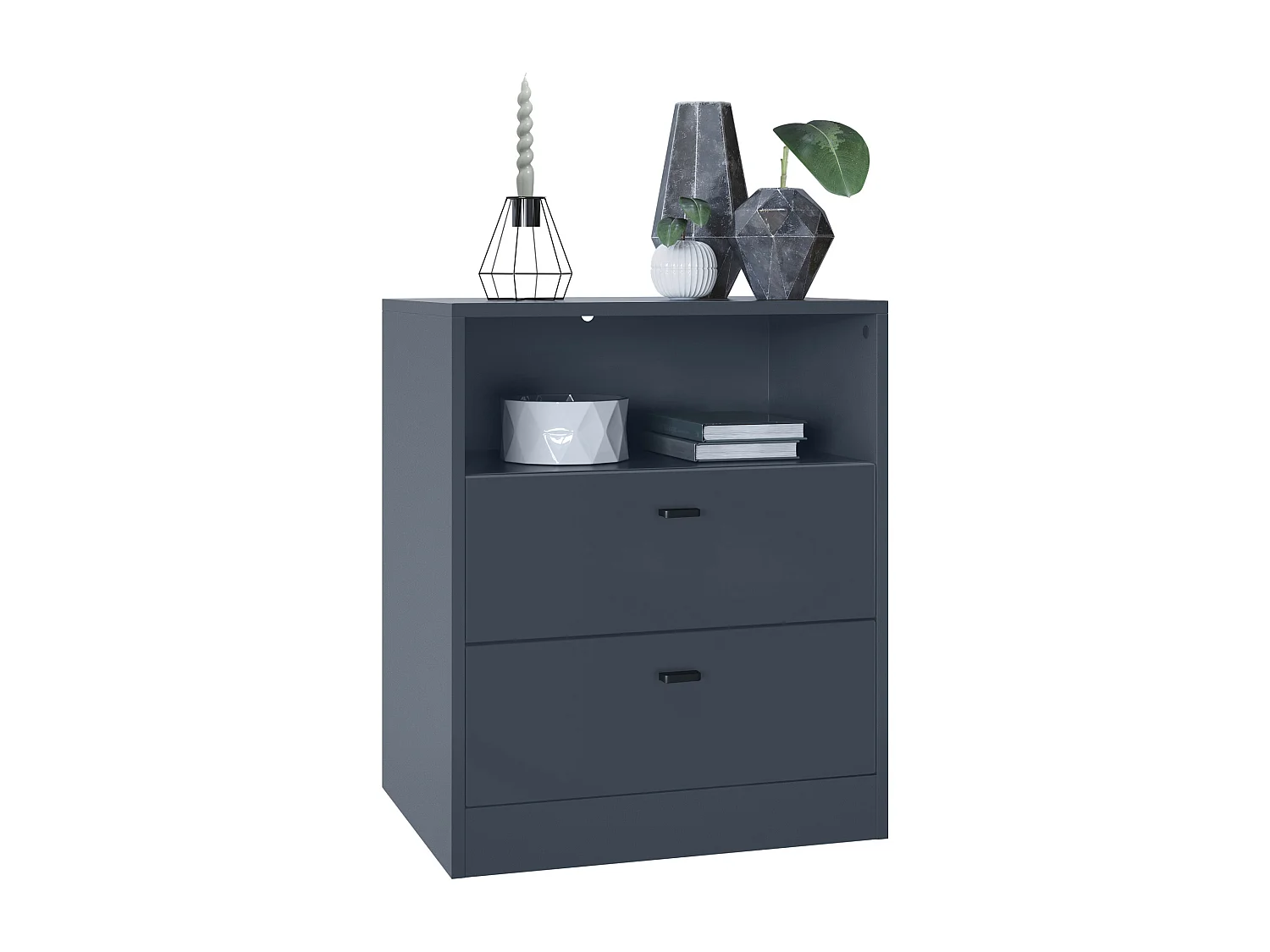 Buffet Pino V1, table de chevet avec 2 tiroirs & 1 compartiment ouvert, Anthracite mat/undefined sans LED (56 x 67,5 x 36 cm)