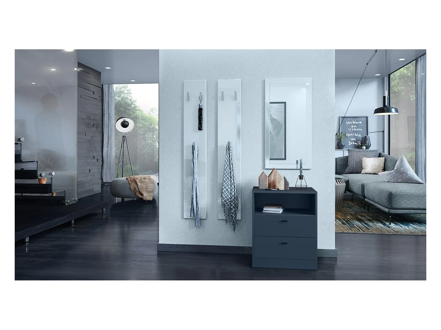 Buffet Pino V1, table de chevet avec 2 tiroirs & 1 compartiment ouvert, Anthracite mat/undefined sans LED (56 x 67,5 x 36 cm)