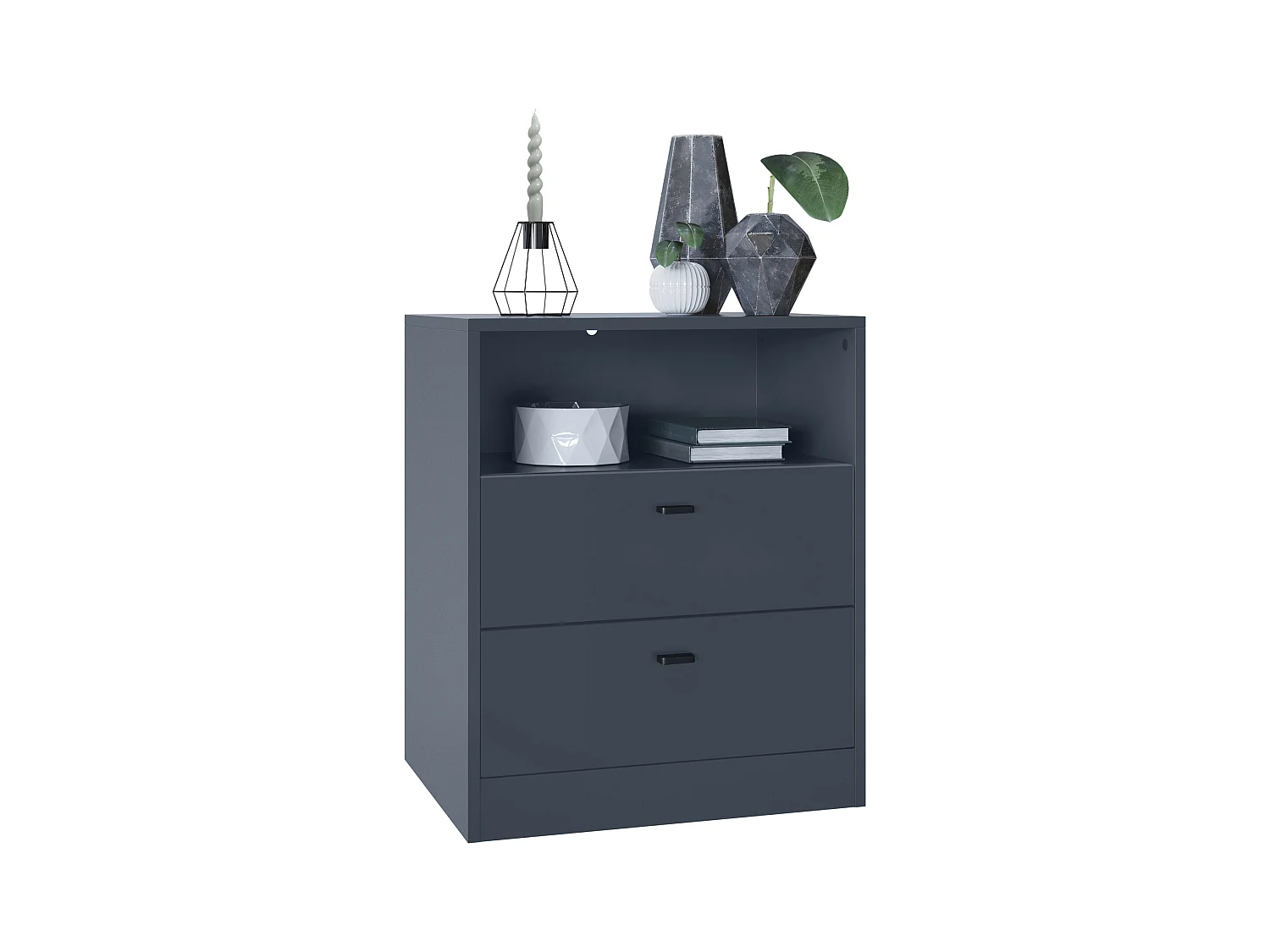 Buffet Pino V1, table de chevet avec 2 tiroirs & 1 compartiment ouvert, Anthracite mat/undefined sans LED (56 x 67,5 x 36 cm)