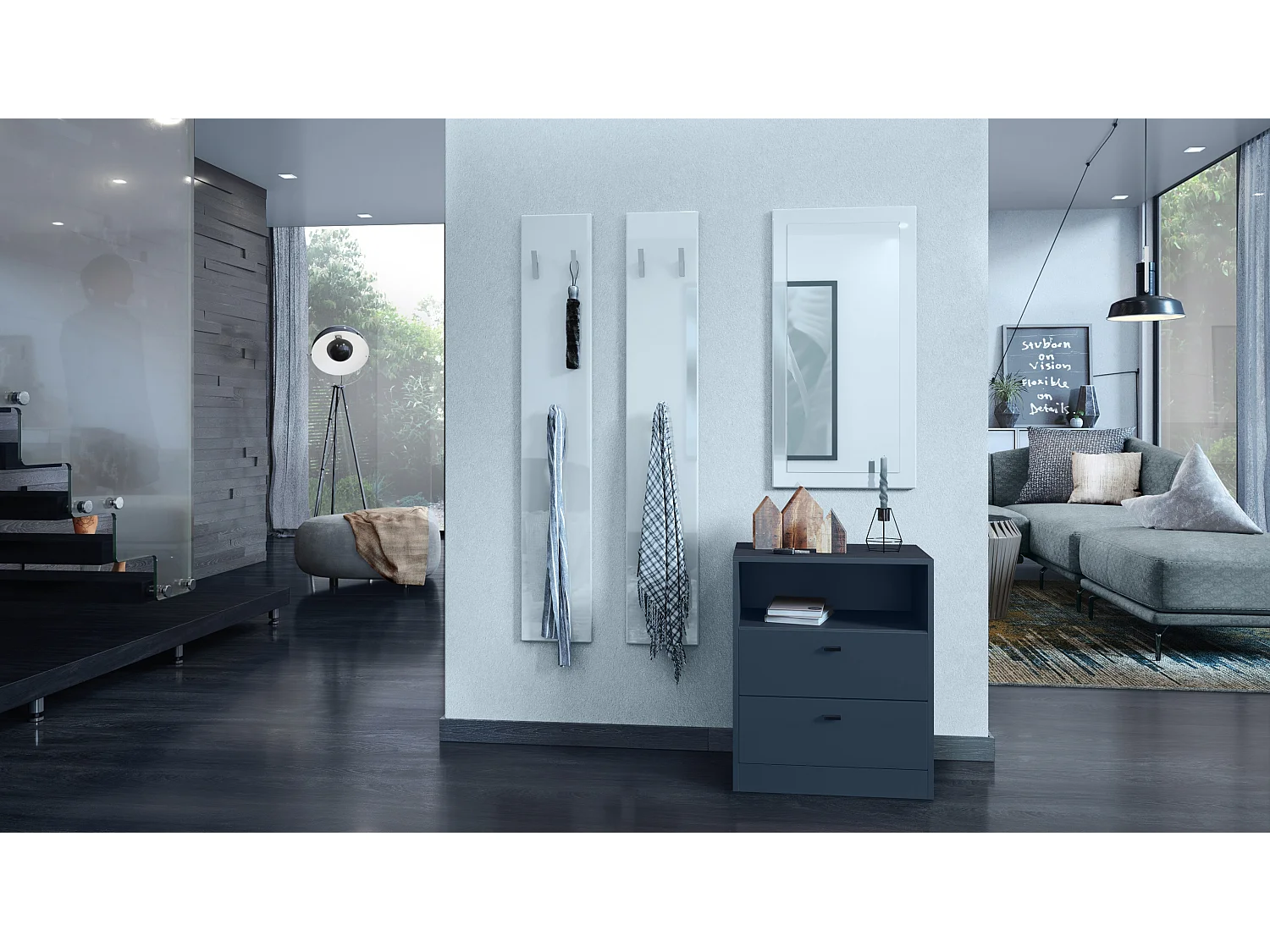 Buffet Pino V1, table de chevet avec 2 tiroirs & 1 compartiment ouvert, Anthracite mat/undefined sans LED (56 x 67,5 x 36 cm)