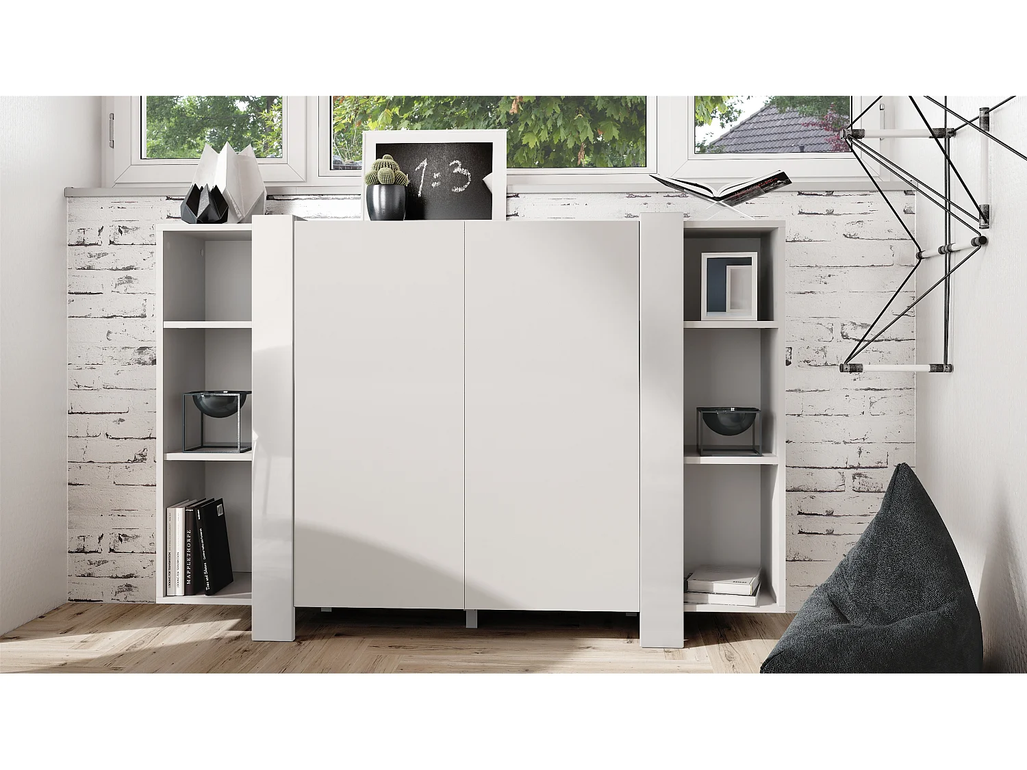 meuble haut Ida V2, Buffet avec 12 compartiments, caisson en blanc mat, bandeaux en blanc haute brillance, (149 x 101 x 34 cm) | Grand choix de couleurs