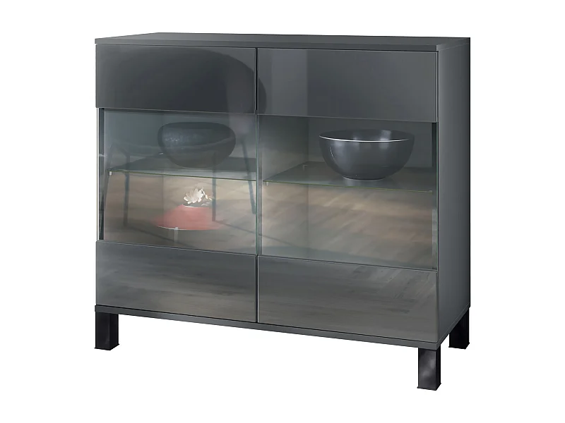 Commode Bari V3, Armoire de cuisine moderne avec 2 grandes portes vitrées anthracite mat / gris haute brillance (92,5 x 84.5 x 35)