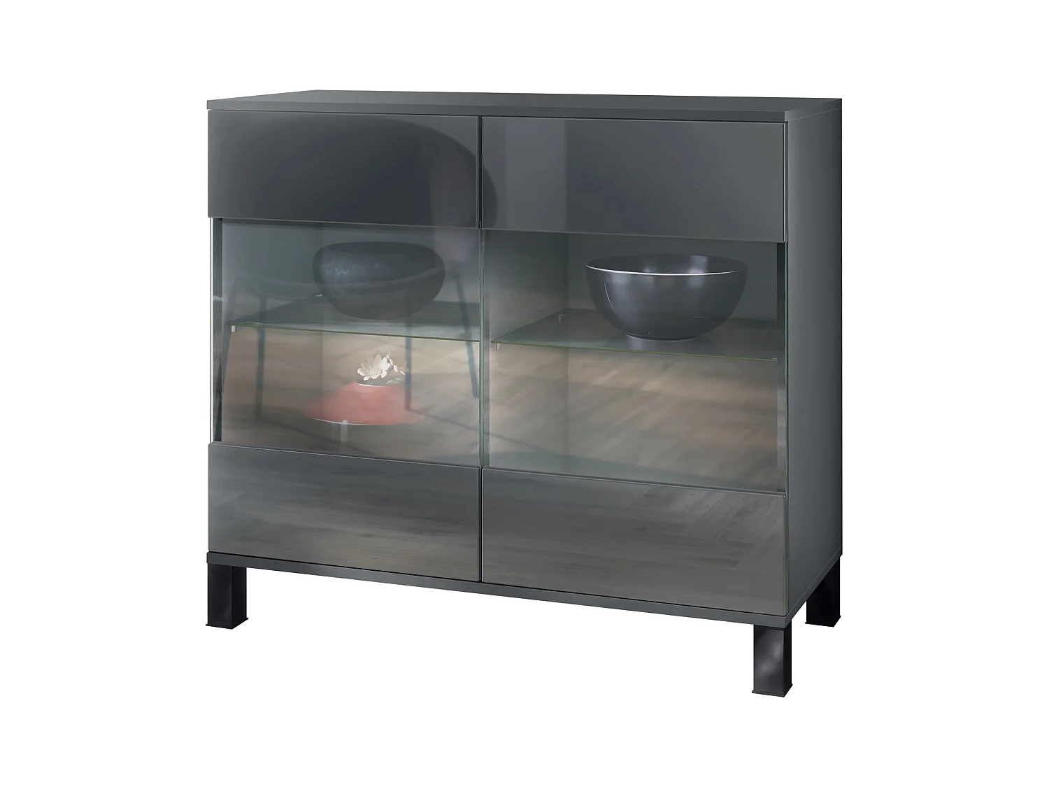 Commode Bari V3, Armoire de cuisine moderne avec 2 grandes portes vitrées anthracite mat / gris haute brillance (92,5 x 84.5 x 35)