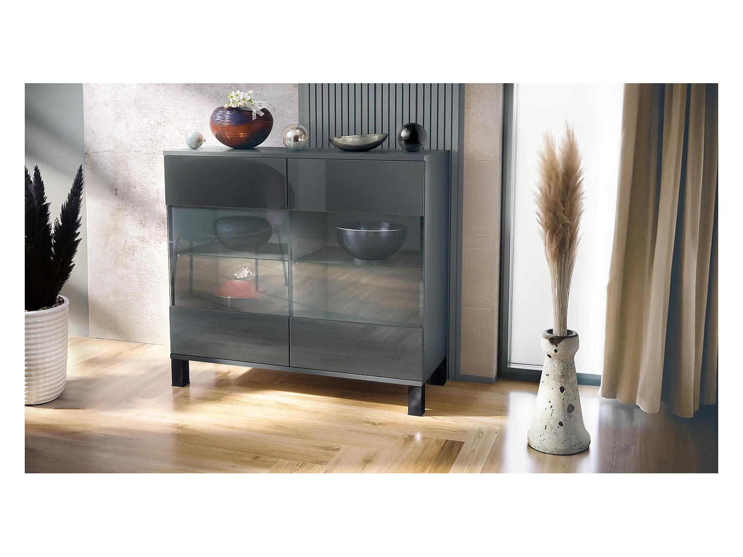 Commode Bari V3, Armoire de cuisine moderne avec 2 grandes portes vitrées anthracite mat / gris haute brillance (92,5 x 84.5 x 35)