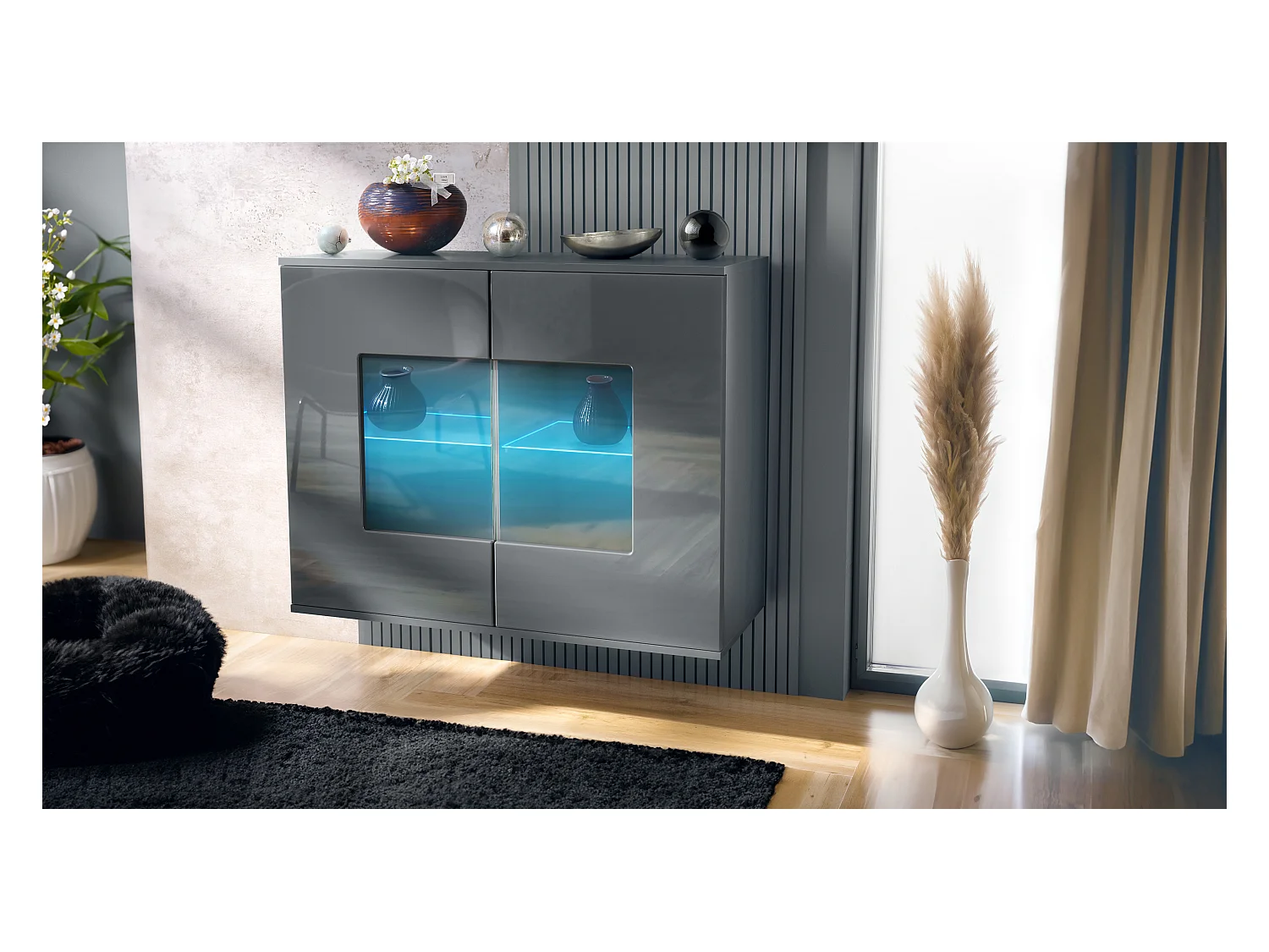 Commode Grömitz V3, Armoire de cuisine moderne avec 2 grandes portes vitrées incl. éclairage RGB anthracite mat / gris haute brillance (92,5 x 73.5 x 35)