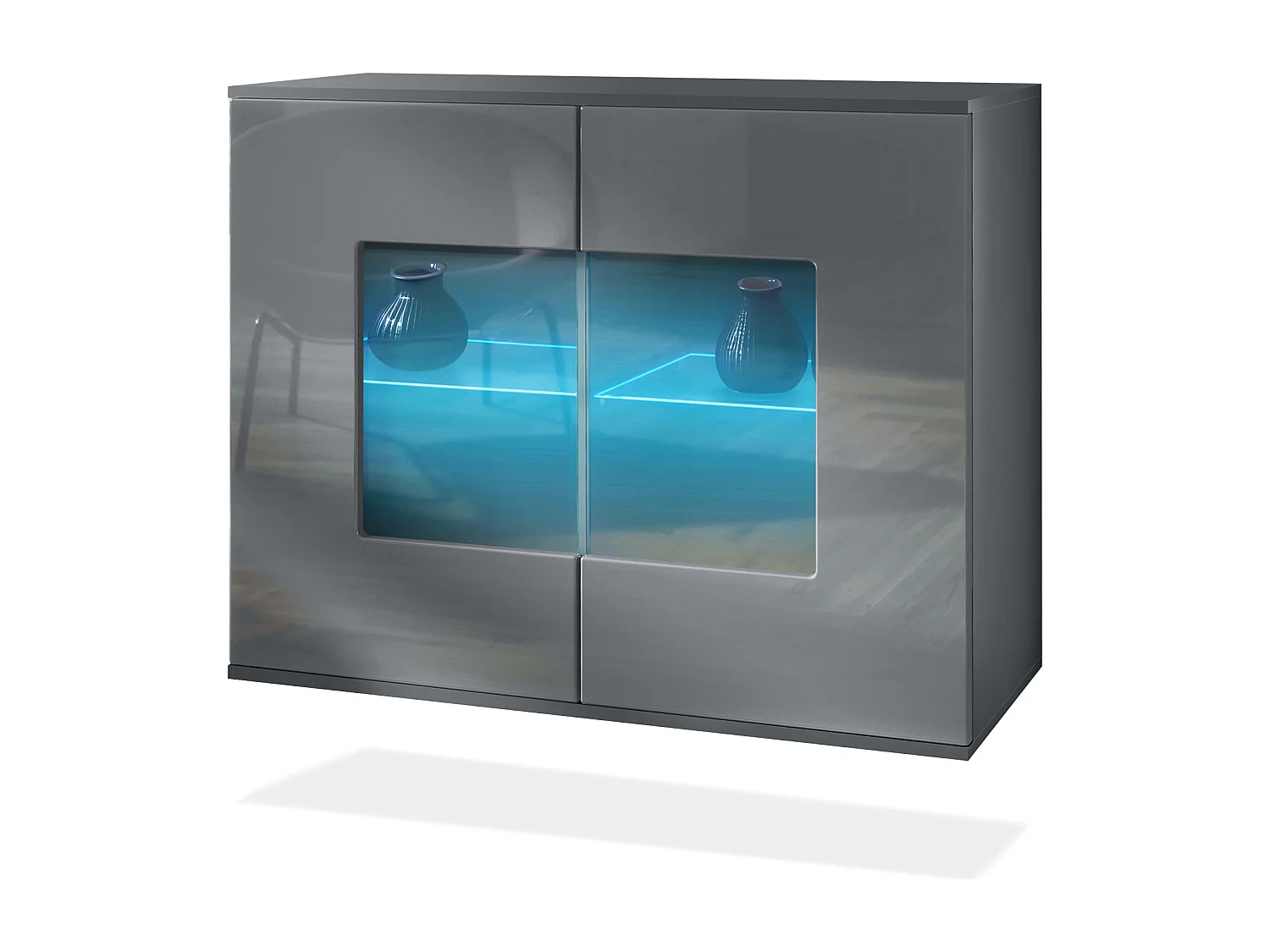 Cómoda Grömitz V3, Moderno armario de cocina con 2 grandes puertas de cristal incl. iluminación RGB antracita mate / gris de alto brillo (92,5 x 73.5 x 35)