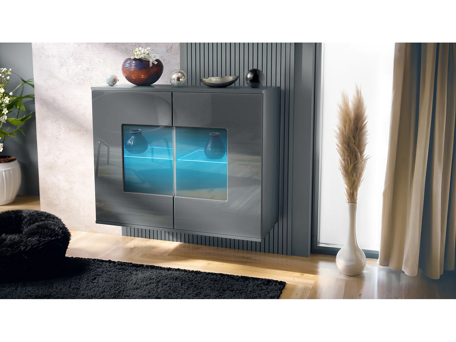 Cómoda Grömitz V3, Moderno armario de cocina con 2 grandes puertas de cristal incl. iluminación RGB antracita mate / gris de alto brillo (92,5 x 73.5 x 35)