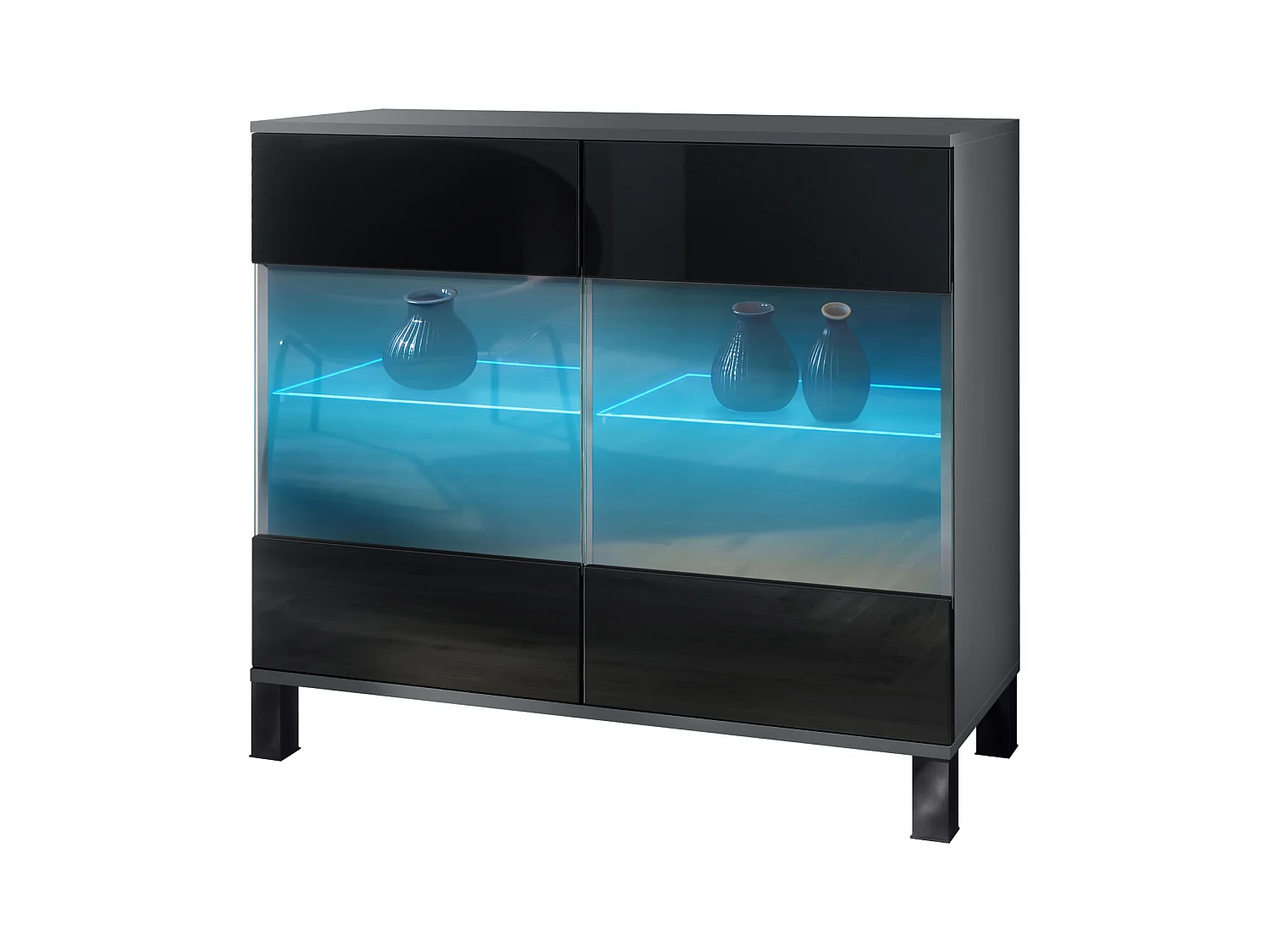 Commode Bari V3, Armoire de cuisine moderne avec 2 grandes portes vitrées incl. éclairage RGB anthracite mat / noir haute brillance (92,5 x 84.5 x 35)