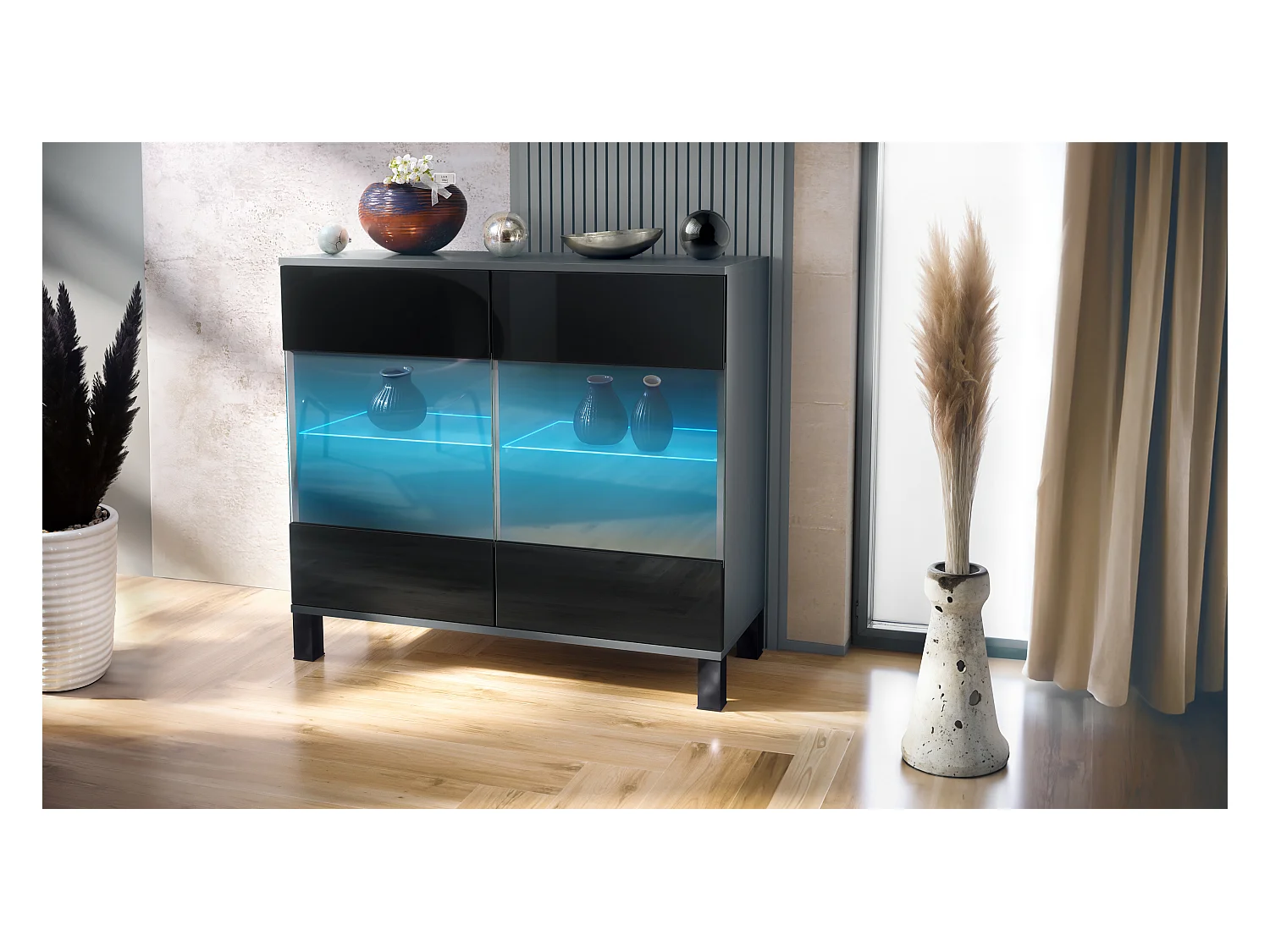 Commode Bari V3, Armoire de cuisine moderne avec 2 grandes portes vitrées incl. éclairage RGB anthracite mat / noir haute brillance (92,5 x 84.5 x 35)