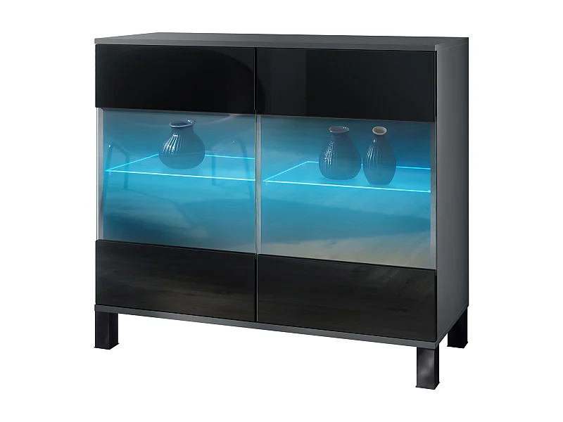 Commode Bari V3, Armoire de cuisine moderne avec 2 grandes portes vitrées incl. éclairage RGB anthracite mat / noir haute brillance (92,5 x 84.5 x 35)