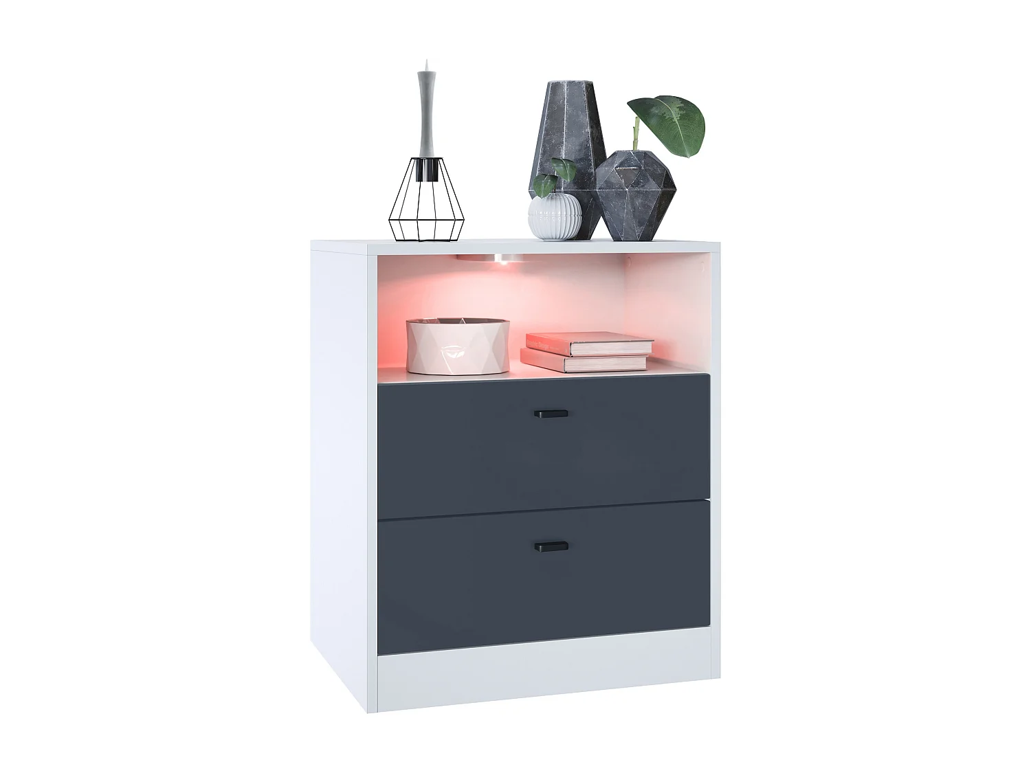 Buffet Pino V1, table de chevet avec 2 tiroirs & 1 compartiment ouvert,blanche mat/undefined avec éclairage LED RVB (56 x 67,5 x 36 cm)