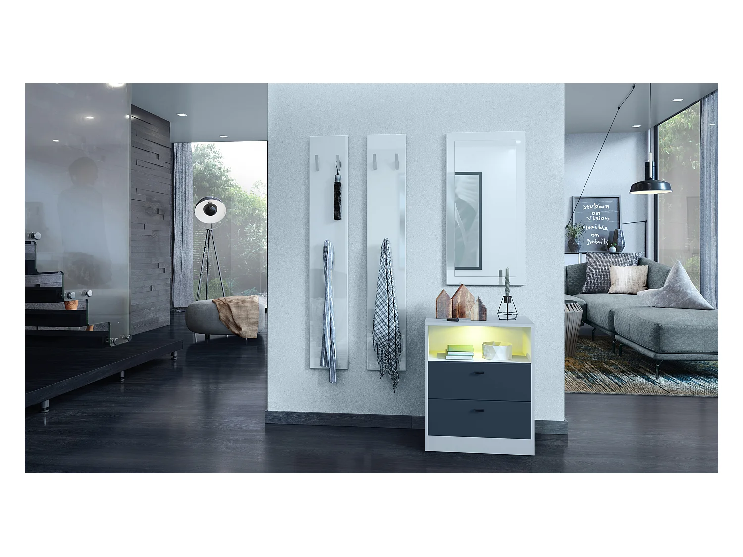 Buffet Pino V1, table de chevet avec 2 tiroirs & 1 compartiment ouvert,blanche mat/undefined avec éclairage LED RVB (56 x 67,5 x 36 cm)