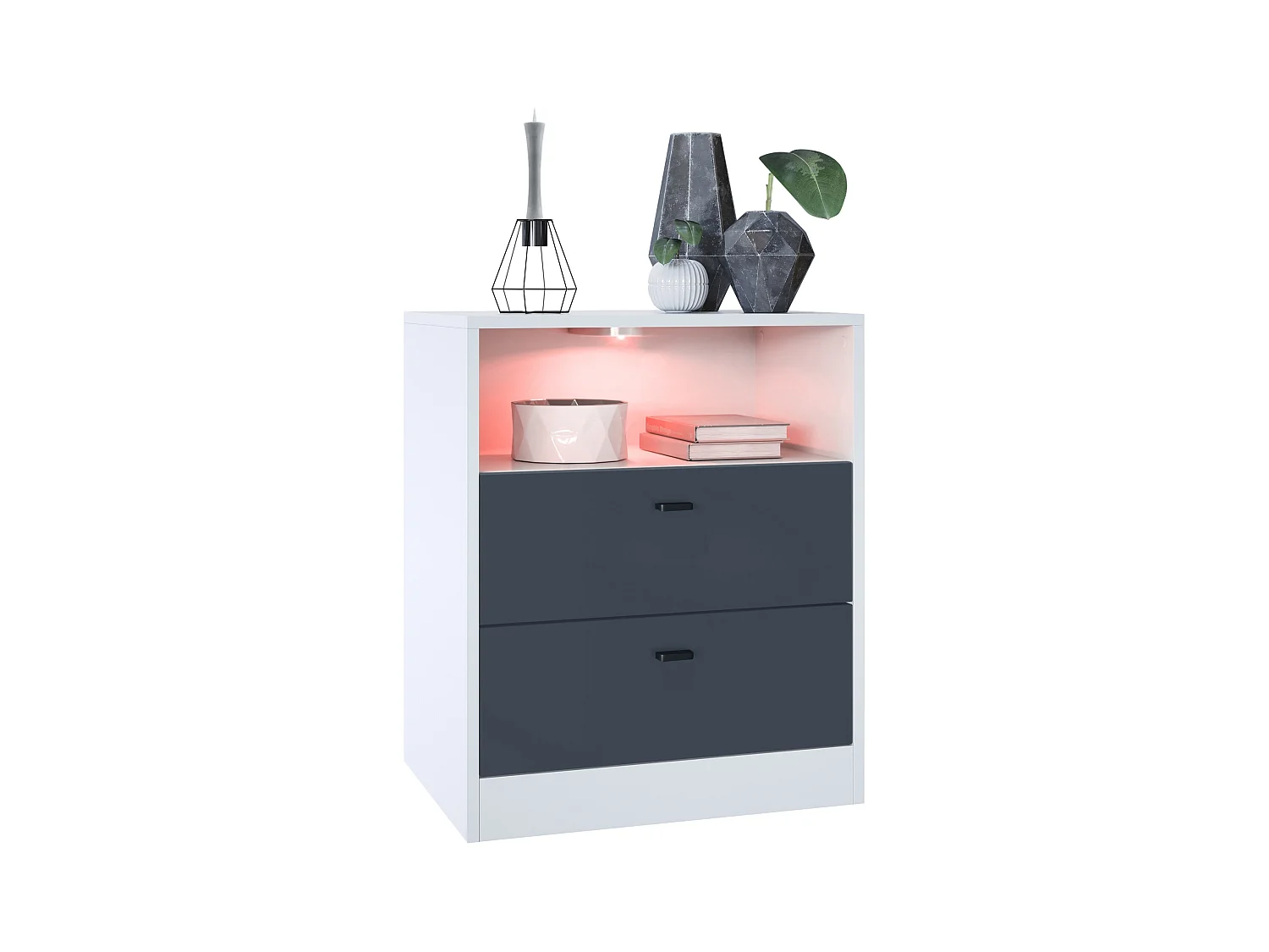 Buffet Pino V1, table de chevet avec 2 tiroirs & 1 compartiment ouvert,blanche mat/undefined avec éclairage LED RVB (56 x 67,5 x 36 cm)