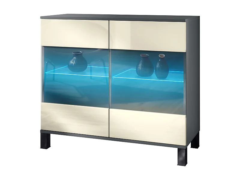 Commode Bari V3, Armoire de cuisine moderne avec 2 grandes portes vitrées incl. éclairage RGB anthracite mat / crème haute brillance (92,5 x 84.5 x 35)