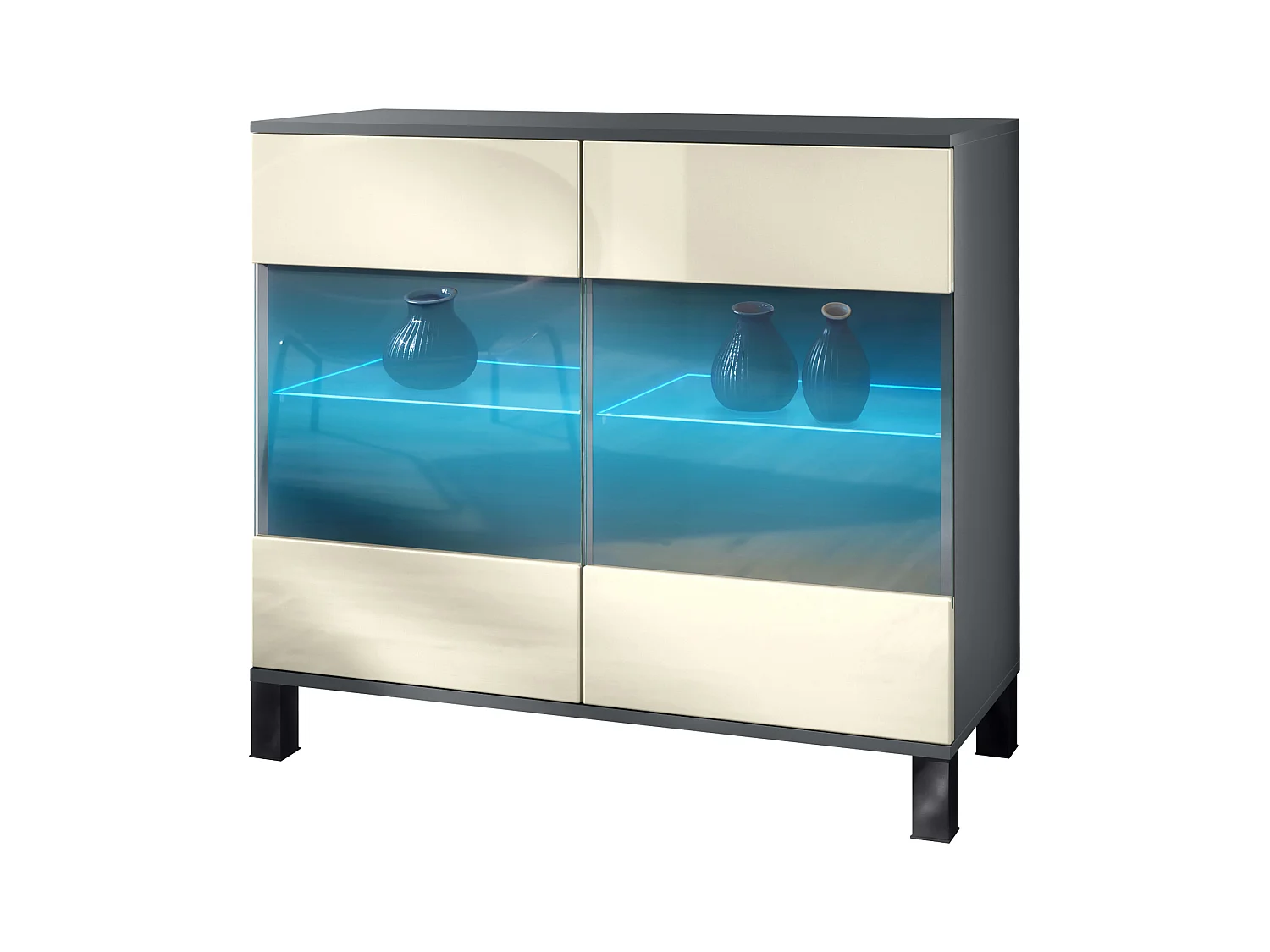 Commode Bari V3, Armoire de cuisine moderne avec 2 grandes portes vitrées incl. éclairage RGB anthracite mat / crème haute brillance (92,5 x 84.5 x 35)