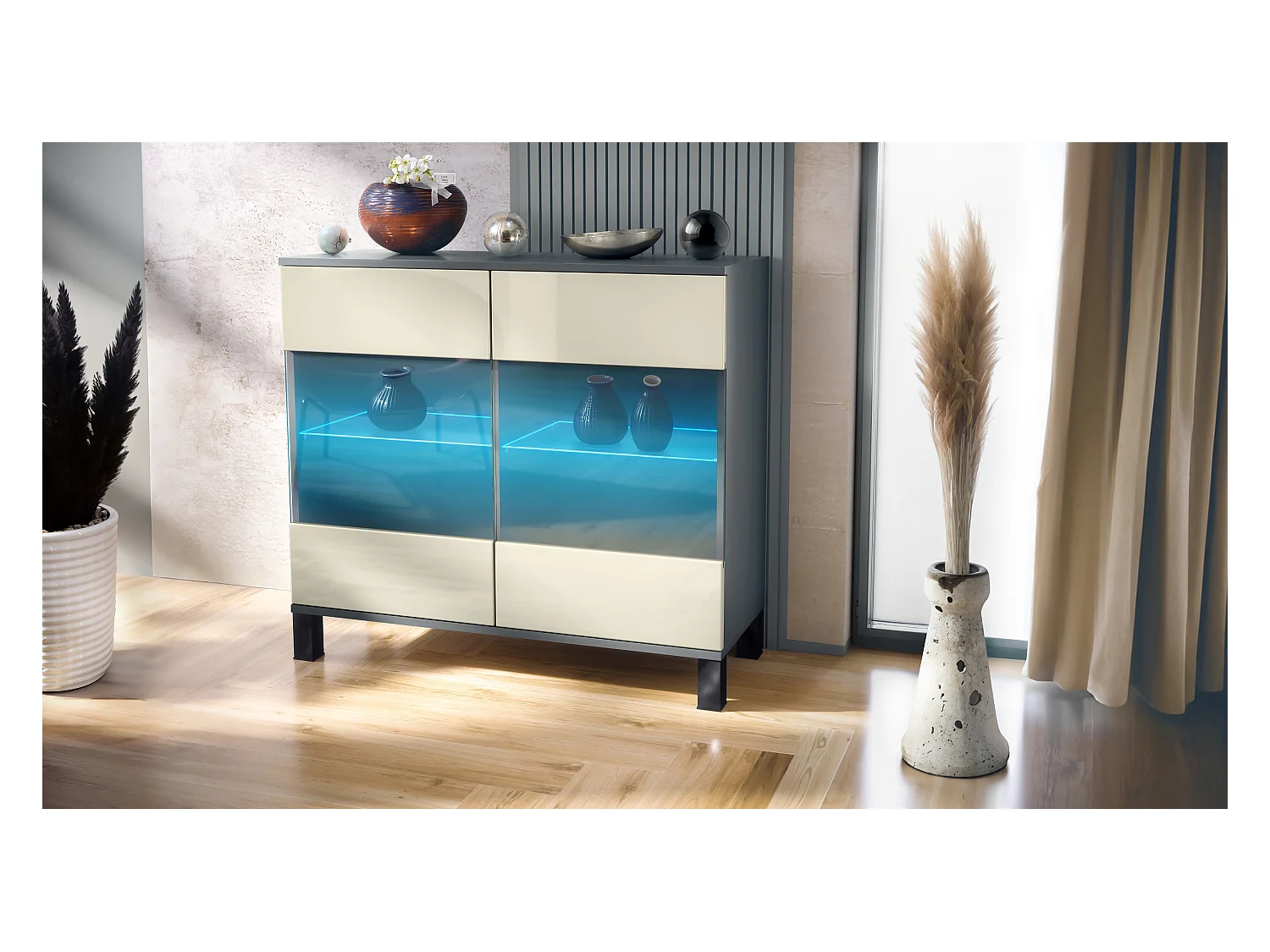 Commode Bari V3, Armoire de cuisine moderne avec 2 grandes portes vitrées incl. éclairage RGB anthracite mat / crème haute brillance (92,5 x 84.5 x 35)