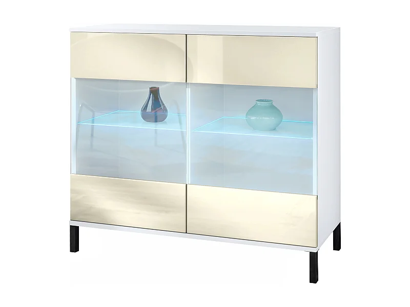 Commode Bari V3, Armoire de cuisine moderne avec 2 grandes portes vitrées incl. éclairage RGB blanc mat / crème haute brillance (92,5 x 83.5 x 35)
