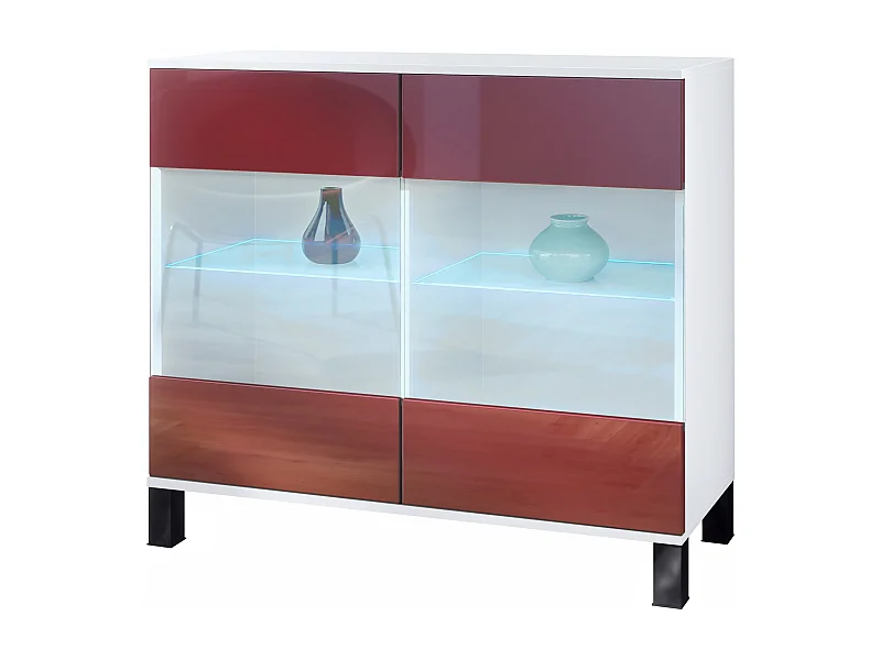 Cassettiera Bari V3, Mobile da cucina moderno con 2 grandi ante in vetro incl. illuminazione RGB bianco opaco / bordeaux lucido (92,5 x 84.5 x 35)