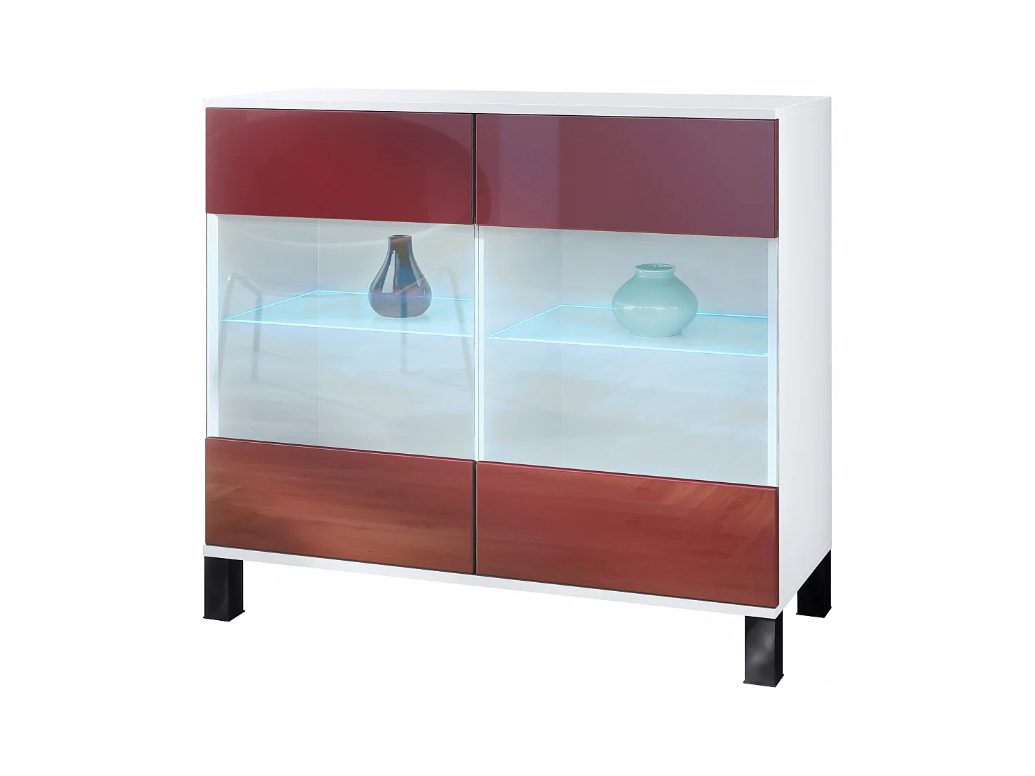 Commode Bari V3, Armoire de cuisine moderne avec 2 grandes portes vitrées incl. éclairage RGB blanc mat / bordeaux haute brillance (92,5 x 84.5 x 35)